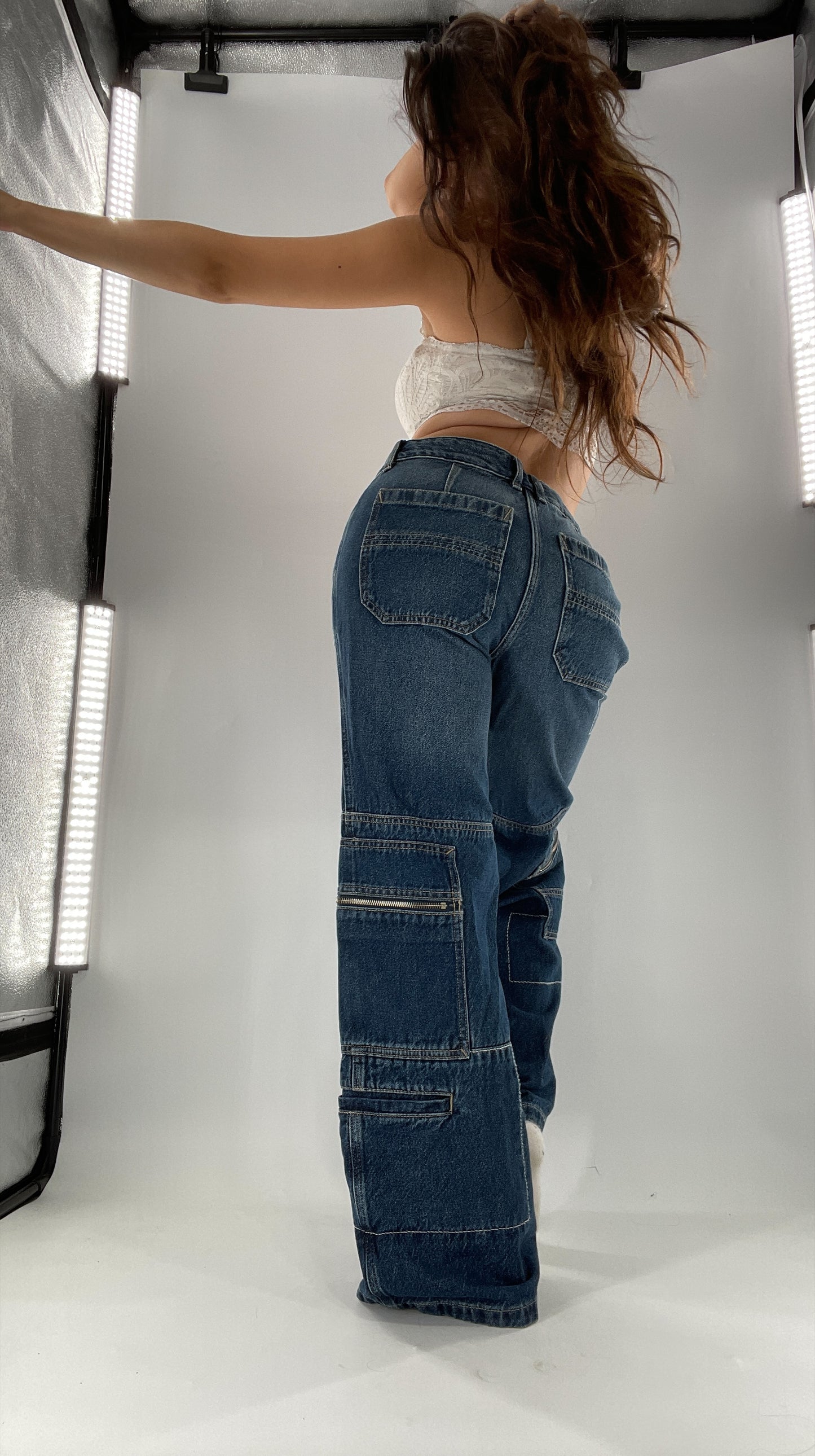 Free People Medium Wash Baggy Straight Legs Jeans Covered in Zippers, Pockets, Stitching (28)