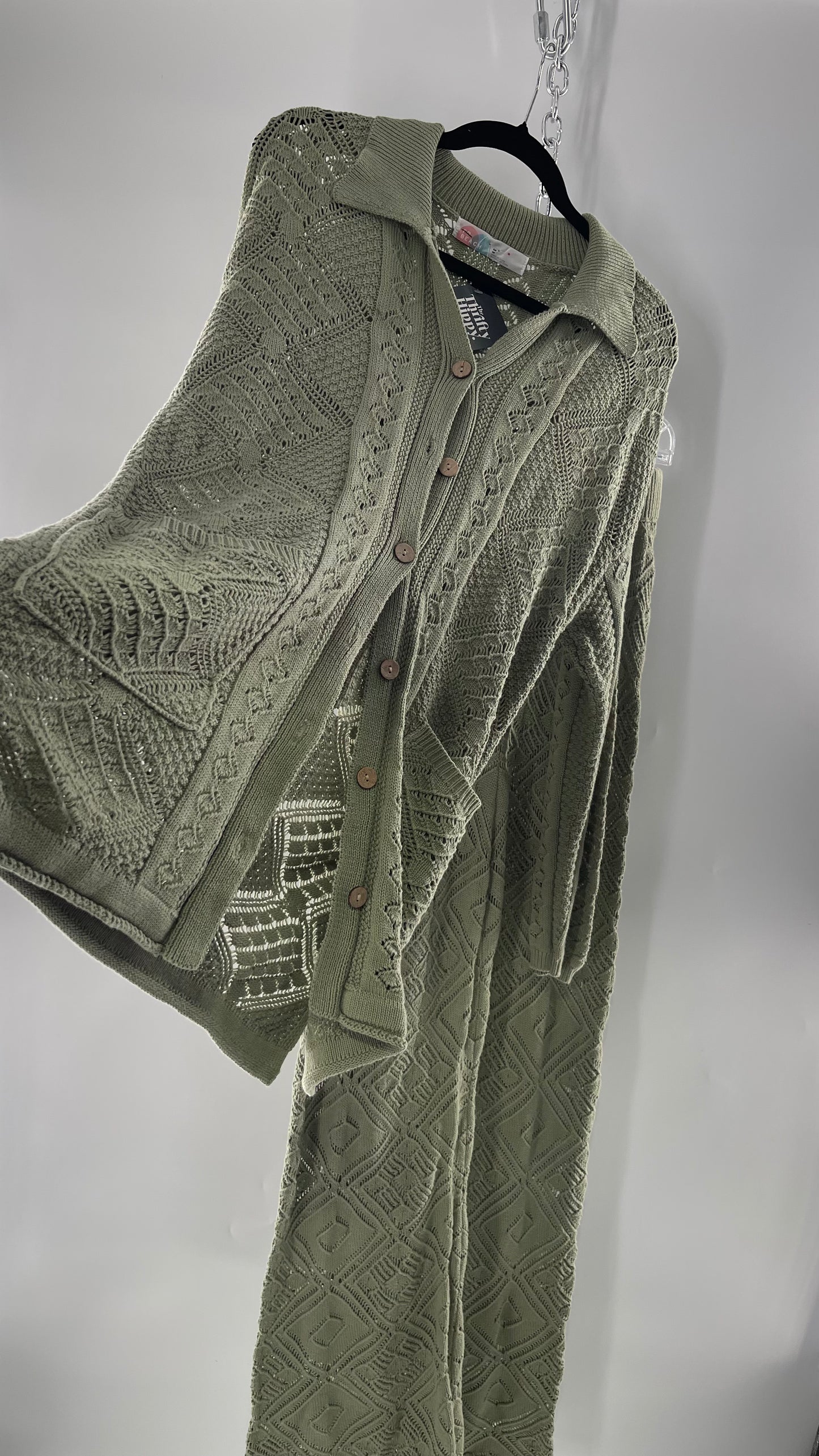 Free People Beach Sage Green Crochet Wooden Button Front Cardigan and Wide Leg Set (Medium)