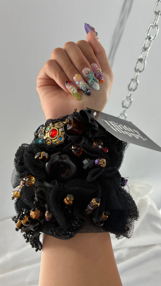Vintage Black Tulle Jeweled Maximalist Statement Cuff Bracelet