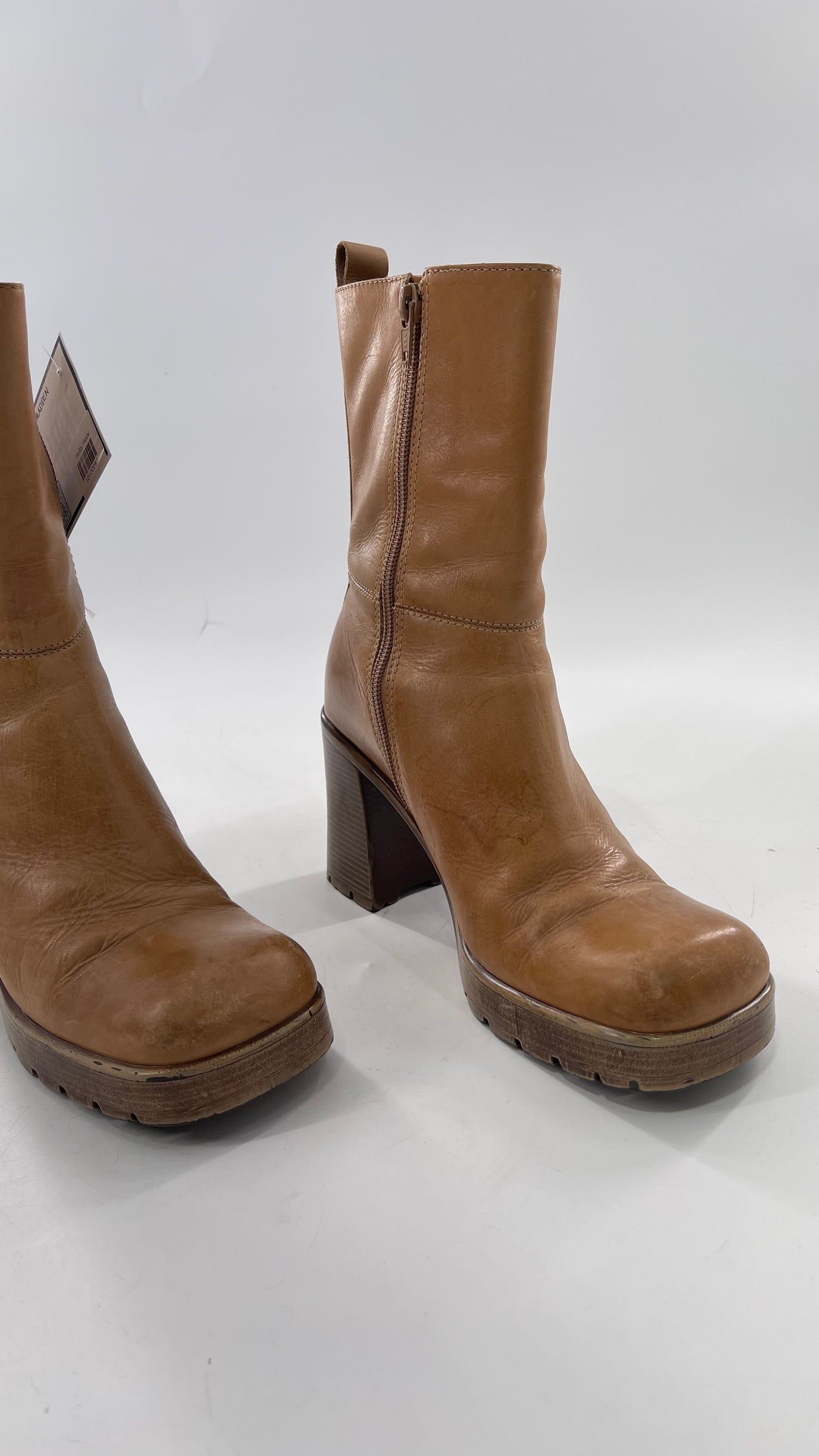 Vintage 90s Steve Madden Tan Leather Funky Square Toe Boot with Platform and Chunky Heel