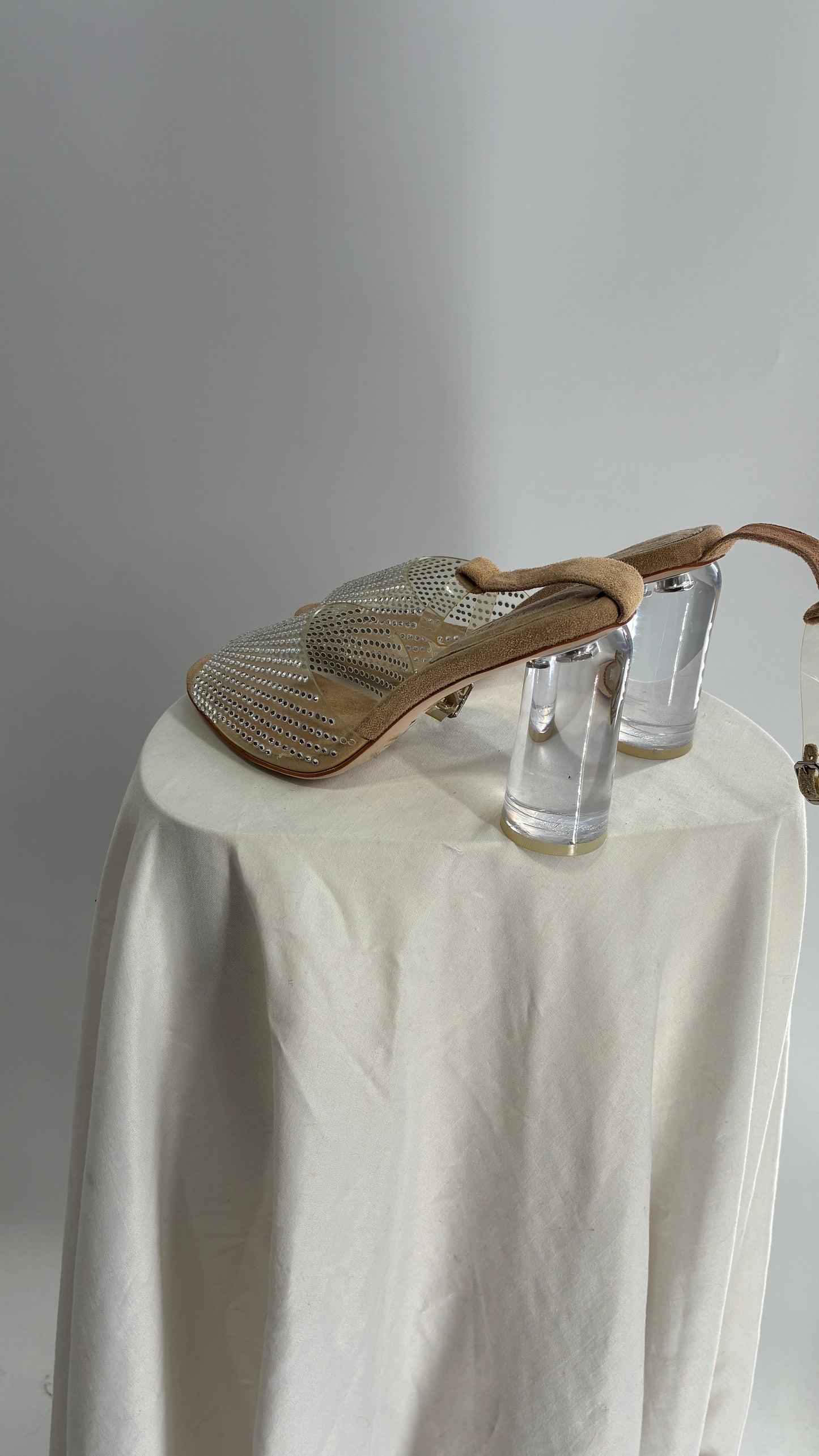 JEFFREY CAMPBELL Lucite Heel Suede Sole, Clear Strap Rhinestone Heel (8)