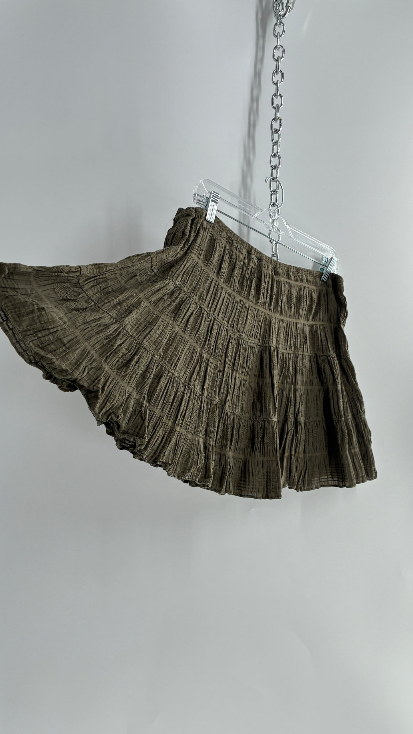 Deadstock Vintage FILENES BASEMENT Army Green Tiered Crimped Cotton Micro Mini Skirt (Large)