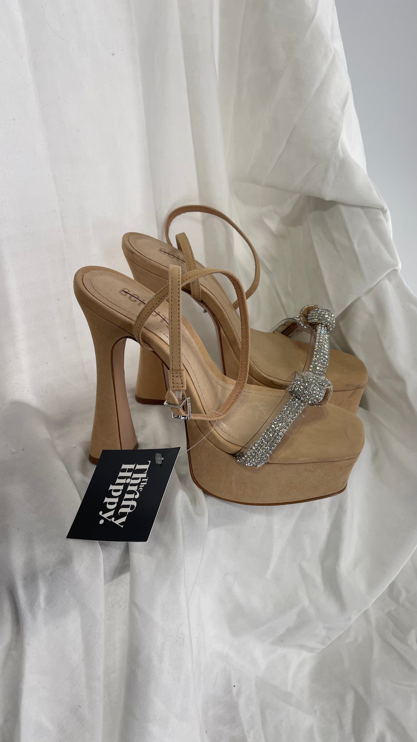 SCHÜTZ Peaky Beige/Tan/Nude Platform Heel with Funky Heel and Clear Knot Rhinestone Toe Strap (6)