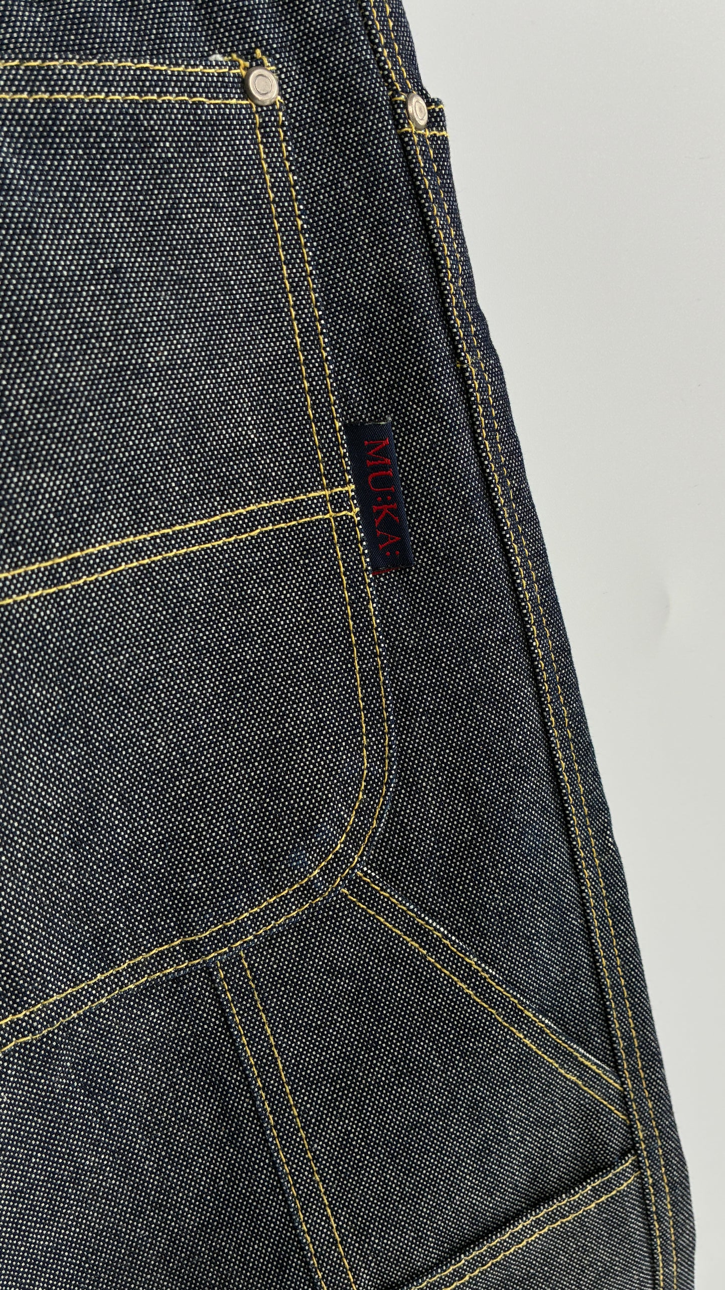 Vintage 1990s MU:KA: JEANS Men’s Dark Wash Japanese Style Denim Baggy Straight Legs and Oversized Jacket Set (L, 32x32)