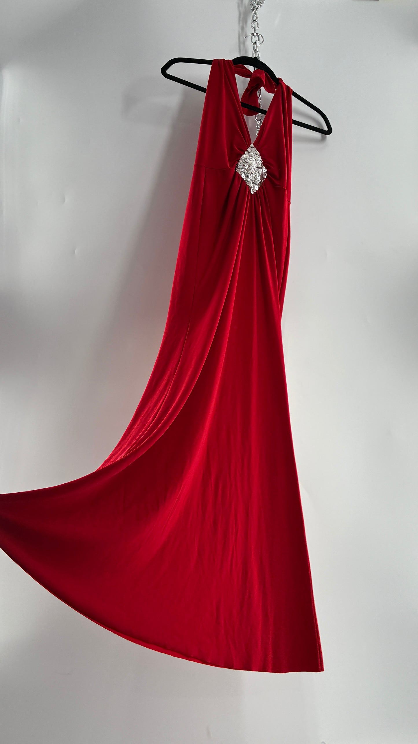 Vintage SYMPHONY Lycra Red Halter Full Length Dress with Sequin Bust Detail (Small)