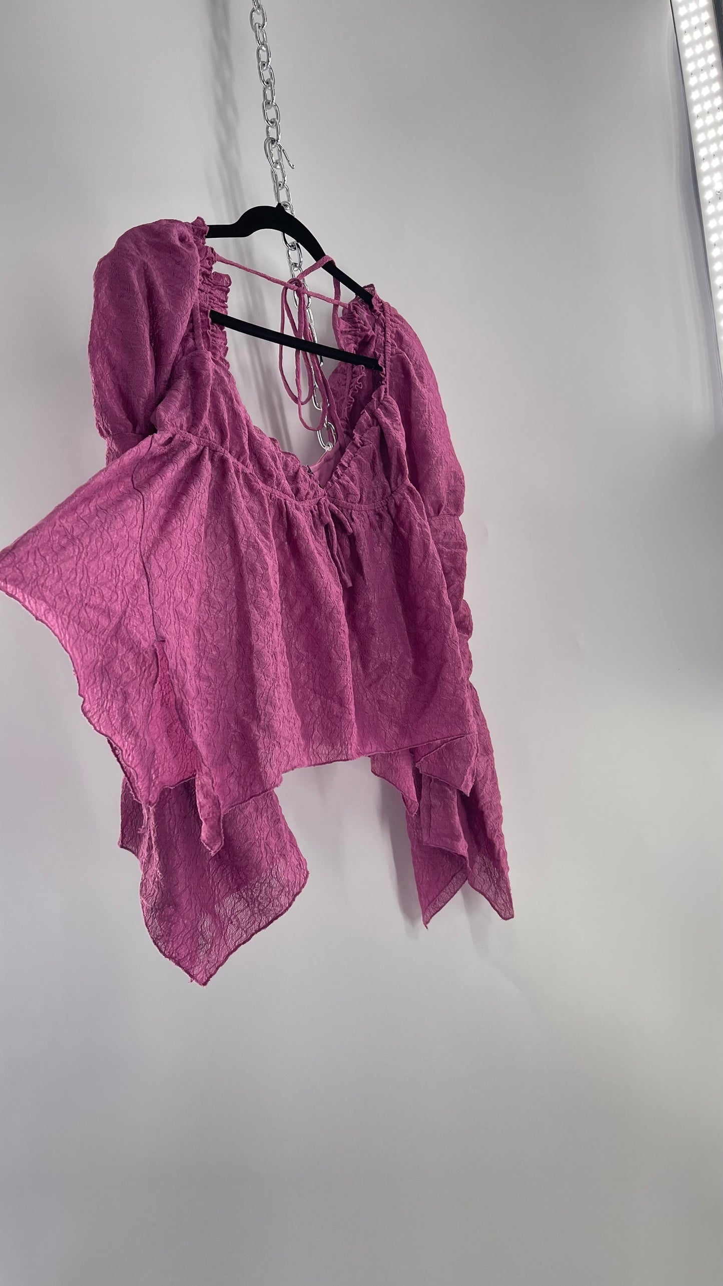 Urban Outfitters Purple Lace Blouse with Handkerchief Slit Hem, Princess Fairy Sleeves, Ruffle Trim Bust and Low Back (Large)