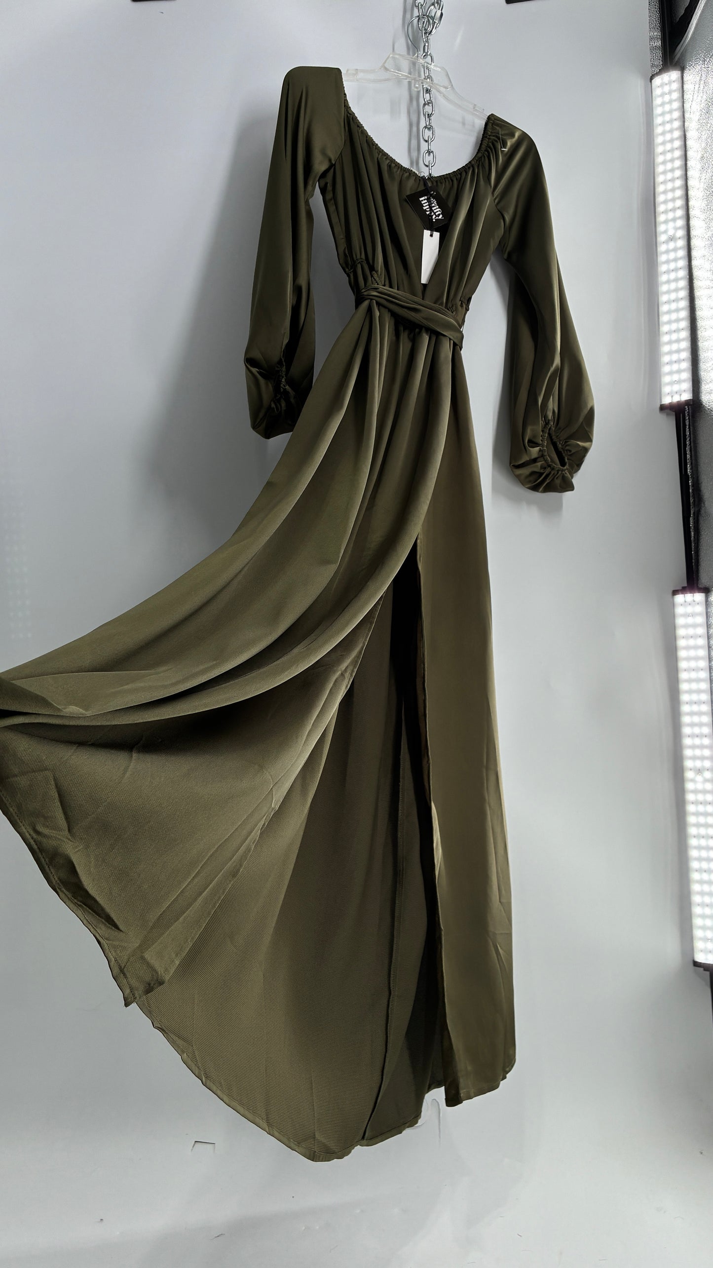 Dress Day Army Green Silky Balloon Sleeve Full Length Gown with Slit and Tags Attached (Medium)