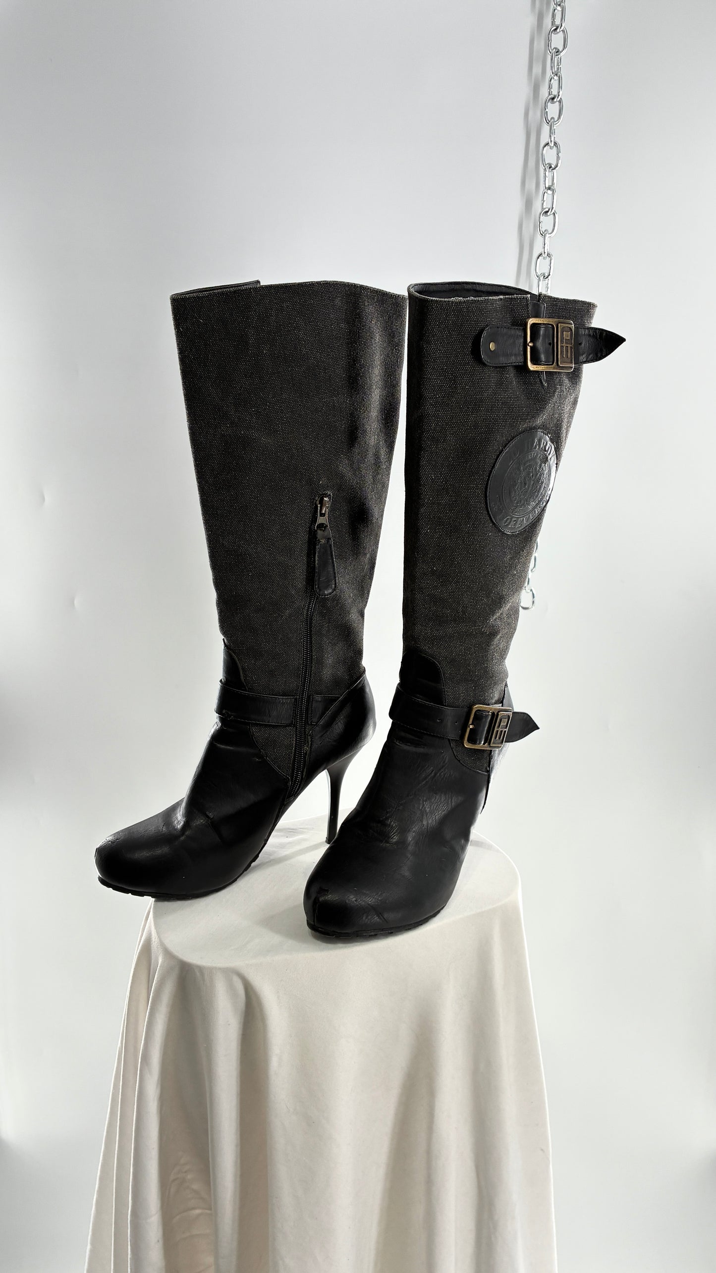 Vintage ED HARDY Stiletto Boots with Embossed Buckles and Badges (9)