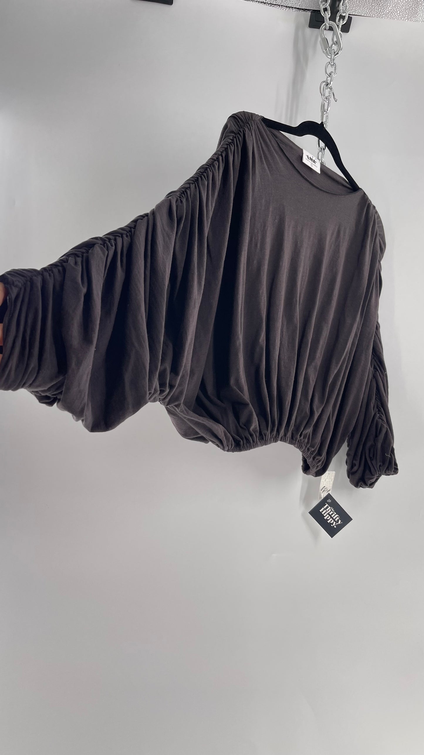 LNA California Made Free People Distopian Dark Grey Drape, Slouchy Ruched Long Sleeve with Tags Attached (Small)