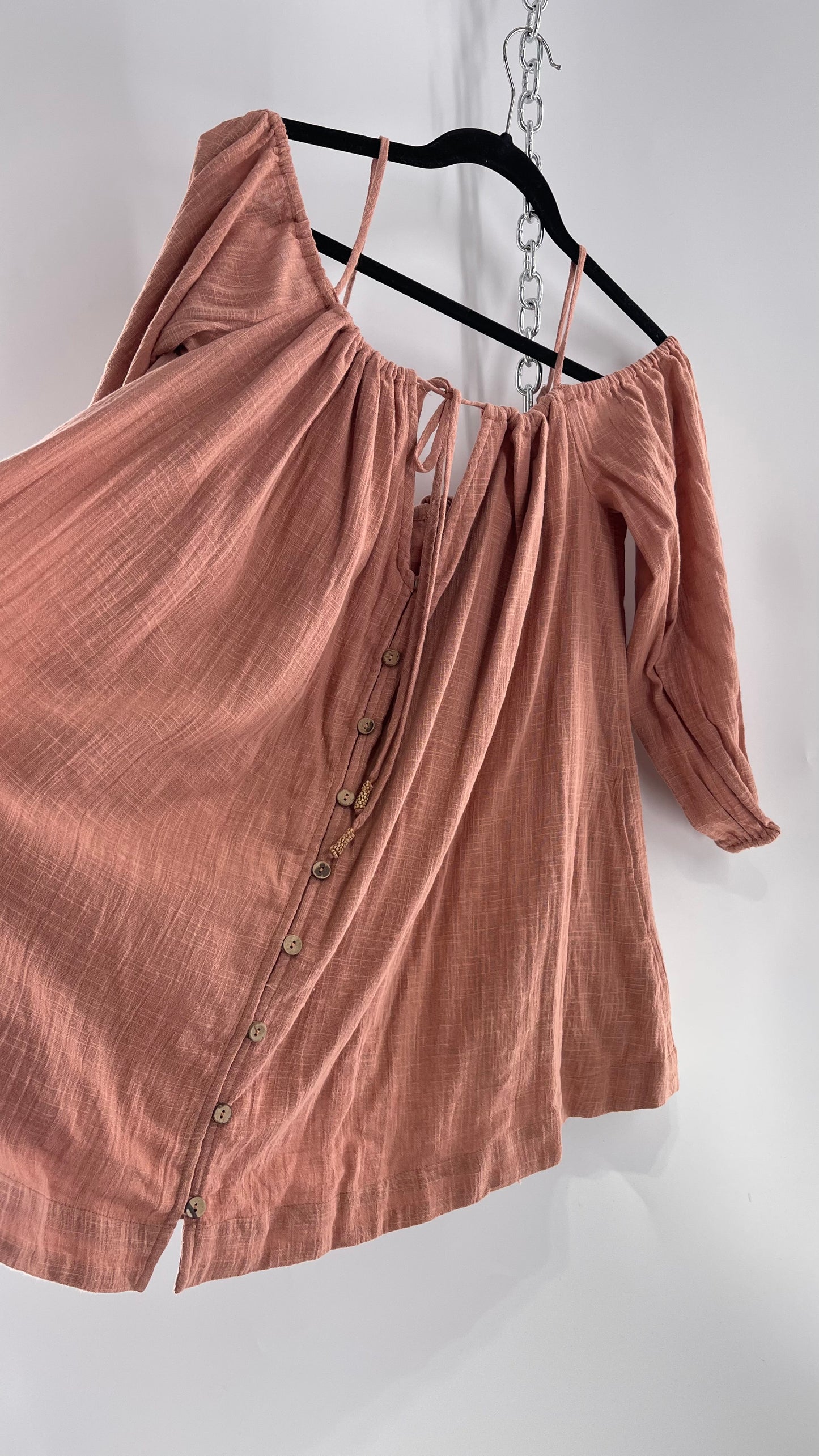 Free People Peachy Pink Coral Off the Shoulder 100% Cotton Voluminous Button Front Blouse (Small)