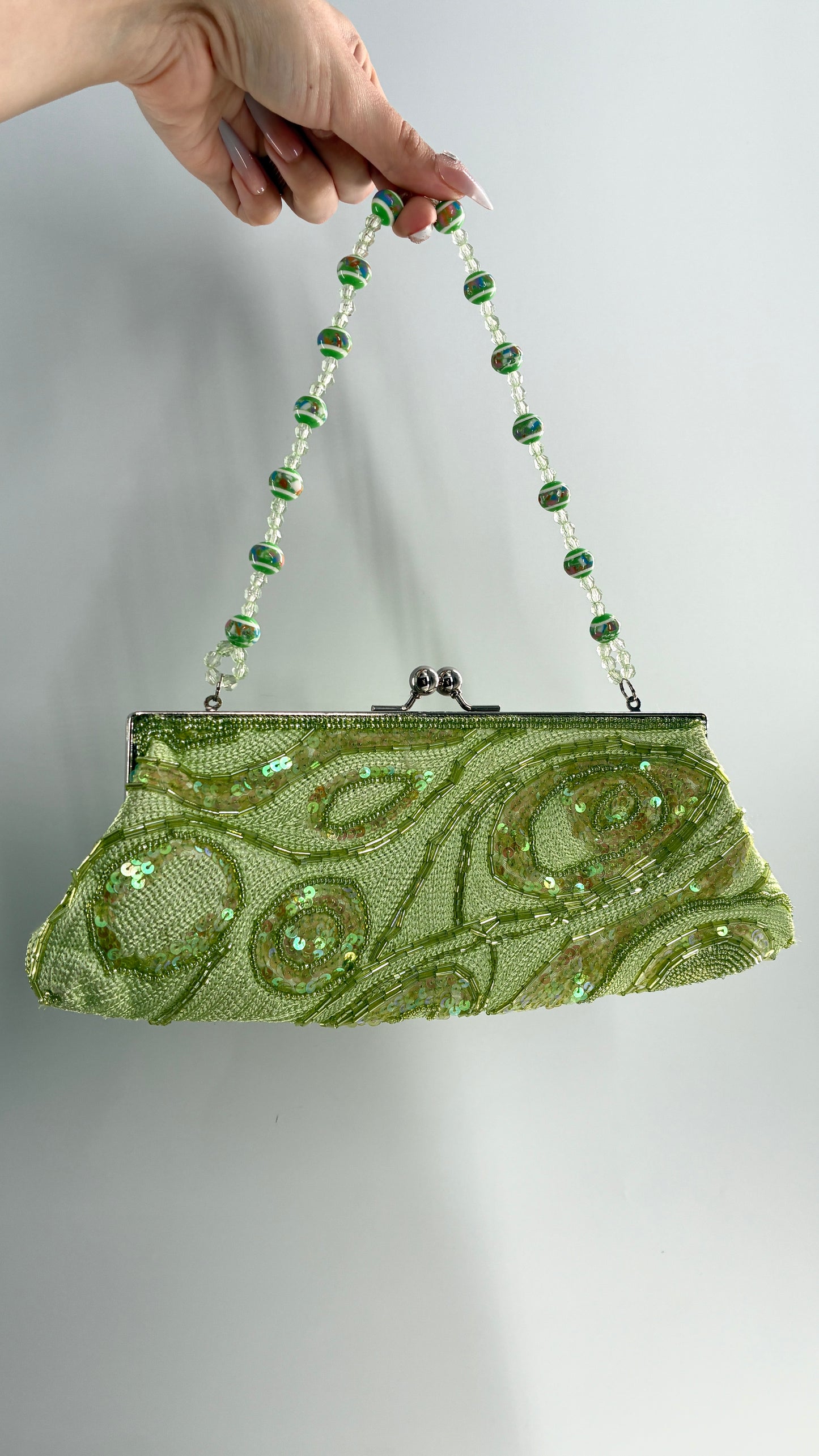 Vintage 1990s Light Green Knit Shoulder Purse with Sequins and Beaded Details
