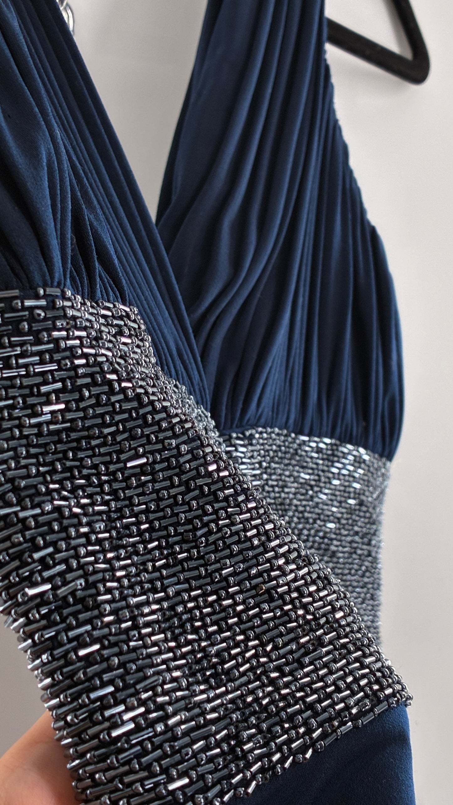 Vintage JS Boutique 1990s Navy Blue Chopped Handkerchief Hem, Beaded Underbust Panel and Pleated Bust (6)