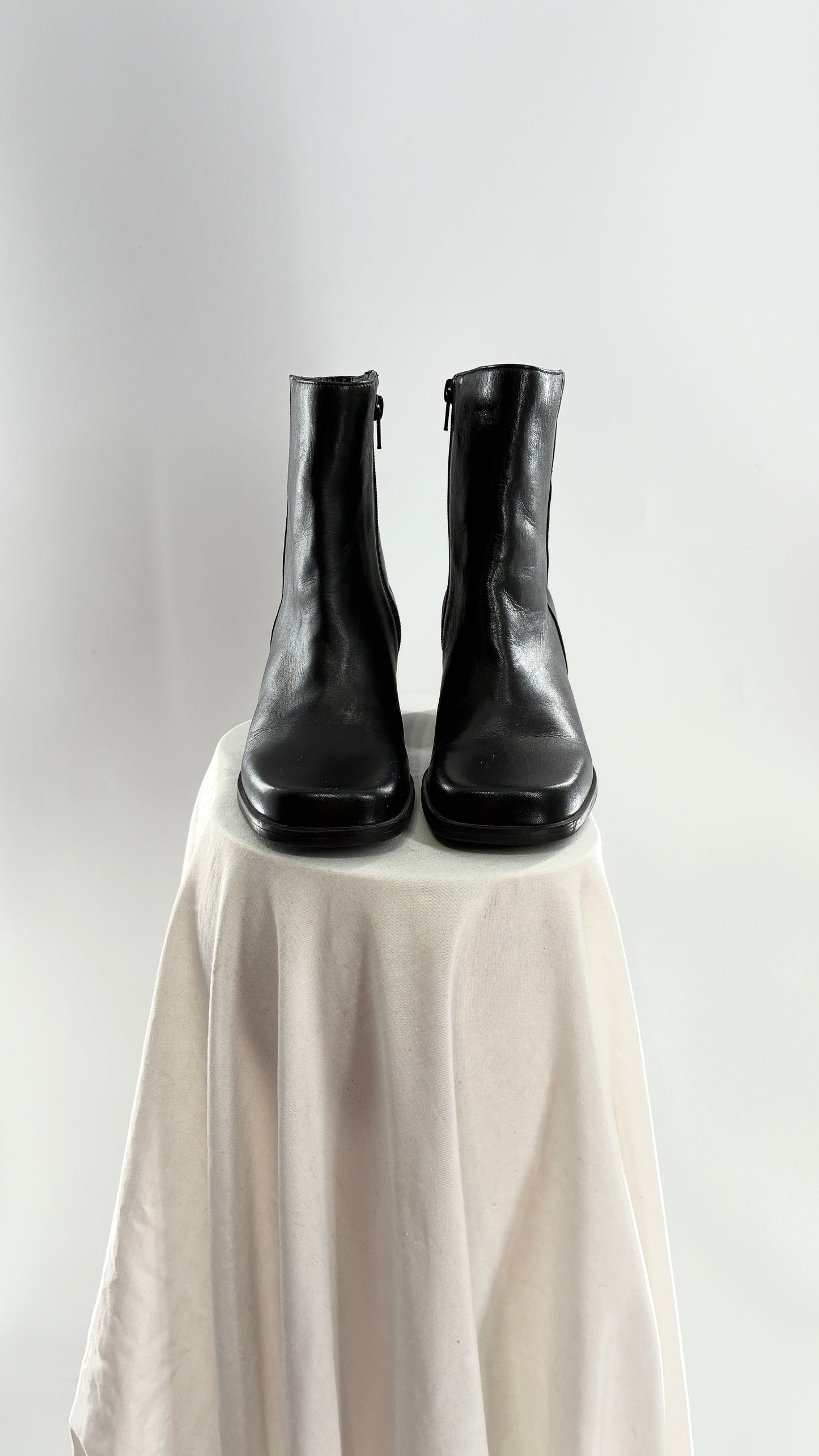 Vintage Naturalizer Black Square Toe Genuine Leather Block Heel Boots Made in Brazil (8)