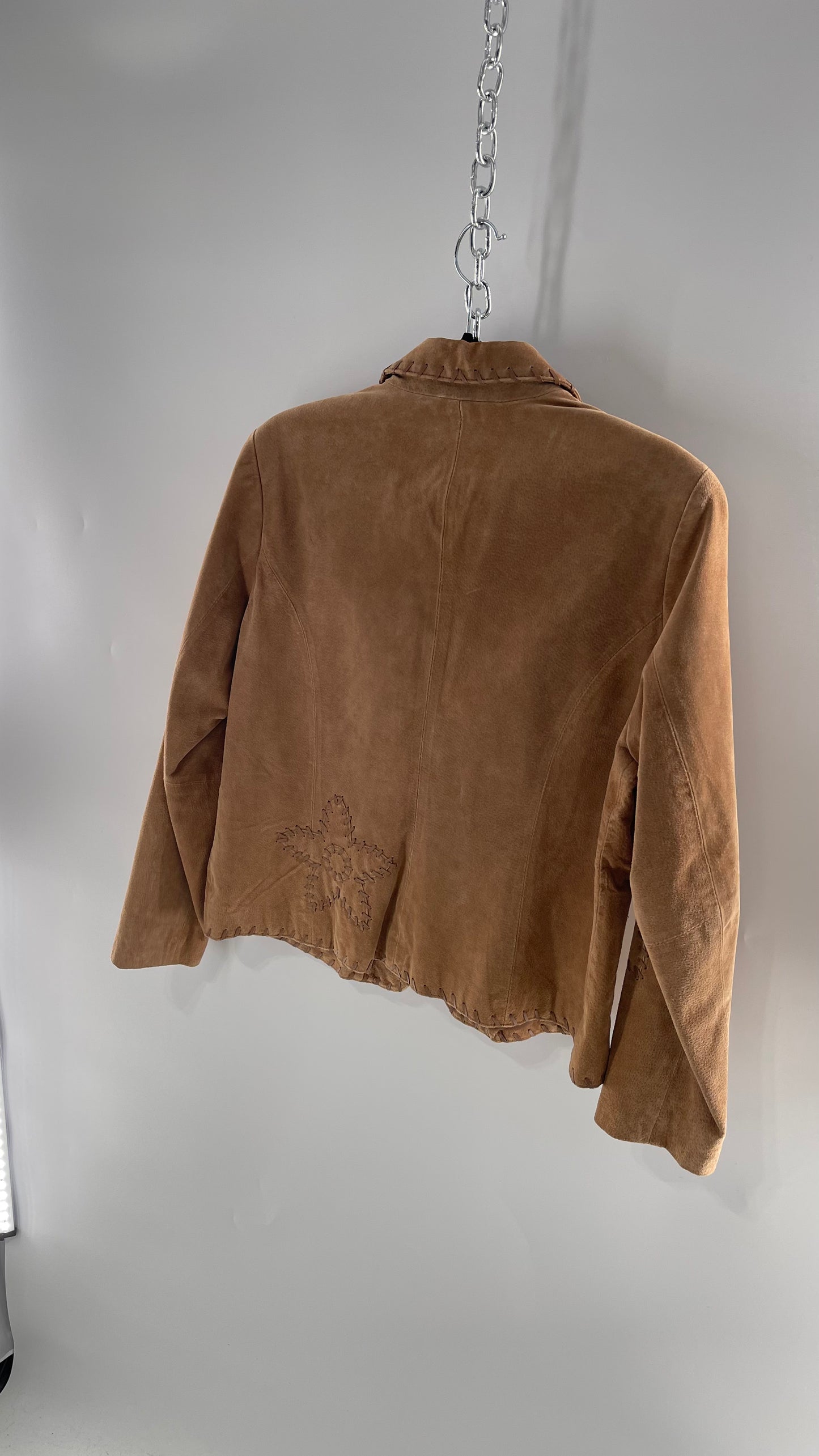 Vintage Rare Light Brown Genuine Suede Blazer with Embroidered Suede Flower and Contrasting Thick Leather Stitching (Medium)