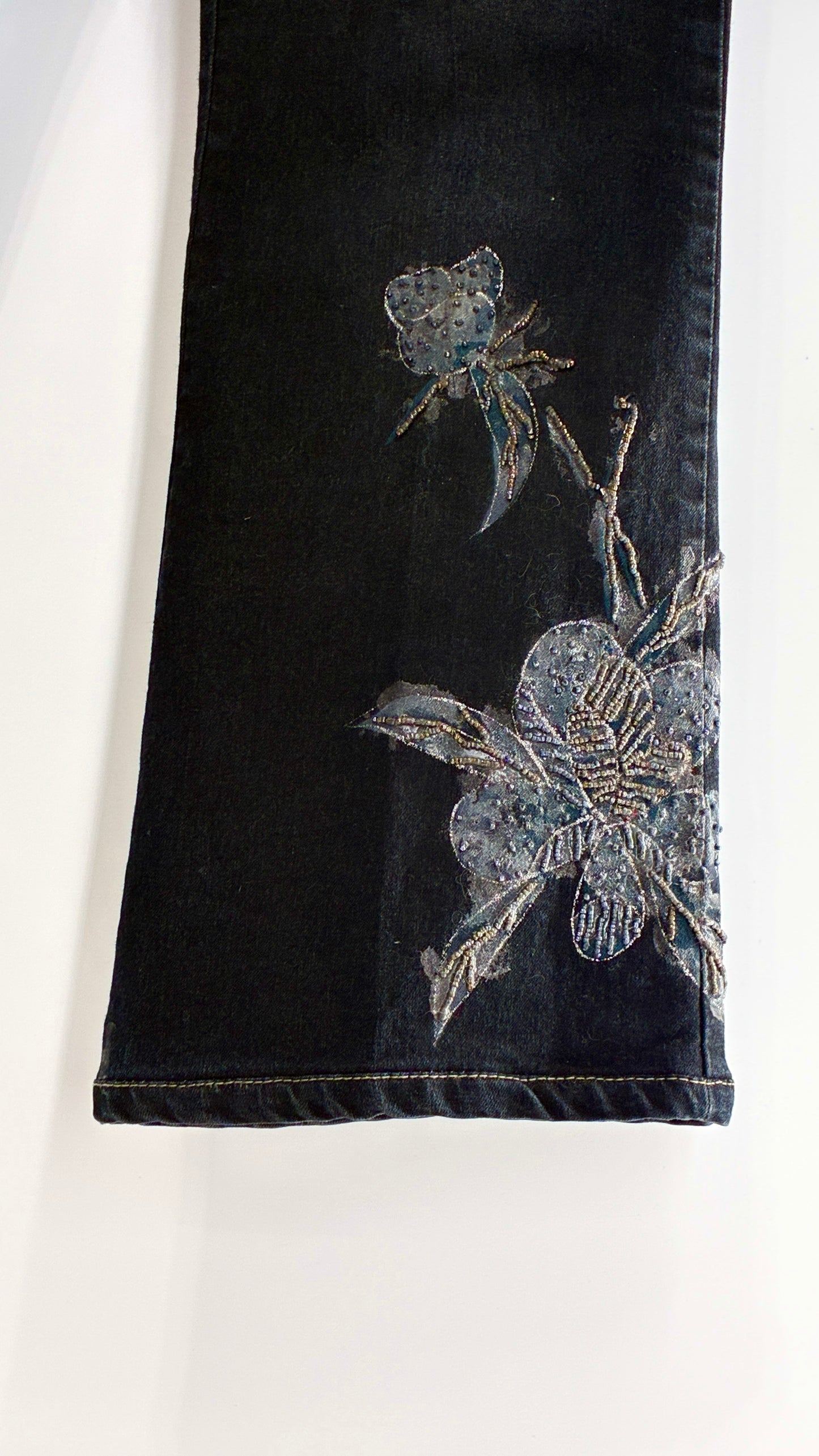 Vintage TEMCHE JEANS Dark Wash Jeans with Painted, Beaded Florals
