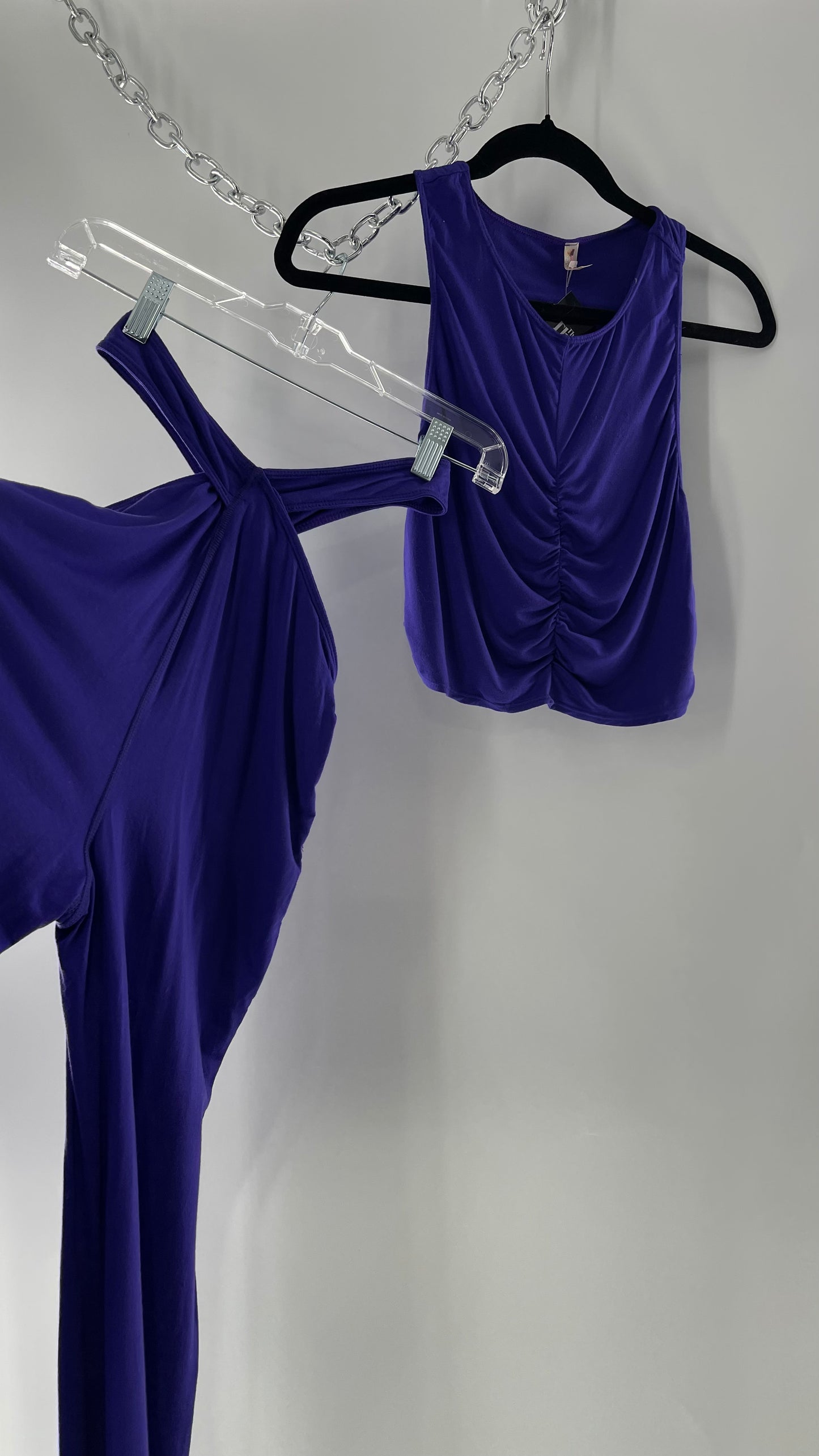Free People 2 Piece Cobalt Purple Ruched Tank+ Cut Out Hip Strap Detail Flared Bottoms Set (Small)