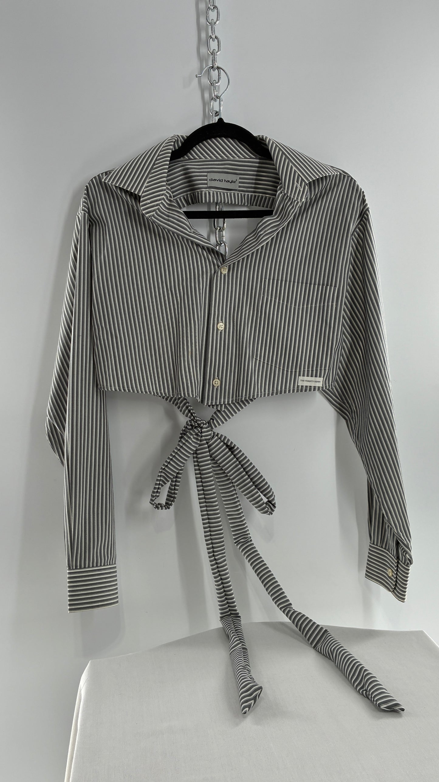 Vintage DAVID TAYLOR Reworked Button Front Backless Grey Striped Blouse (One Size)