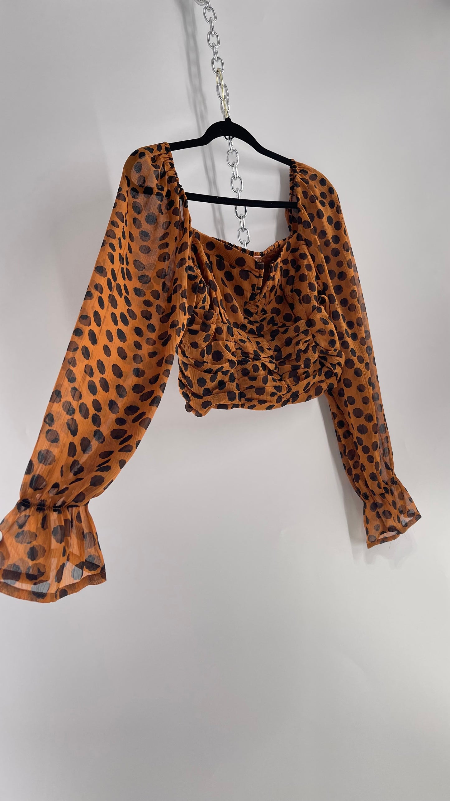 Free People Brown Black Animal Print Blouse with Ruched Bodice and Tags Attached (Large)