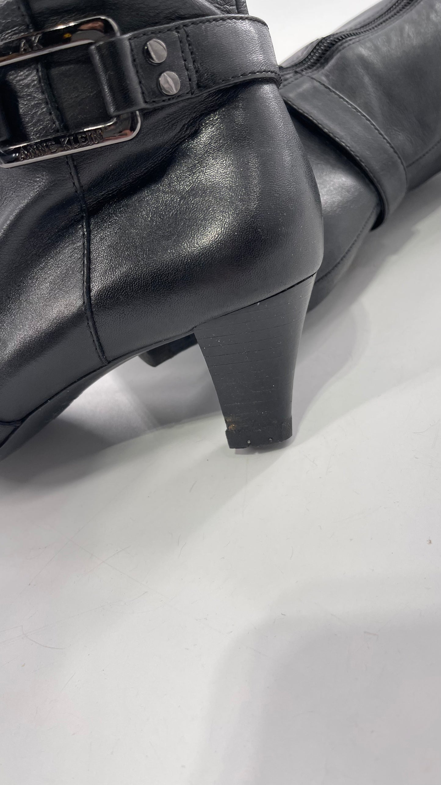 Vintage Black Anne Klein Leather Knee High Boots with Pointed Toe and Ankle Metal Buckle Detail (8)