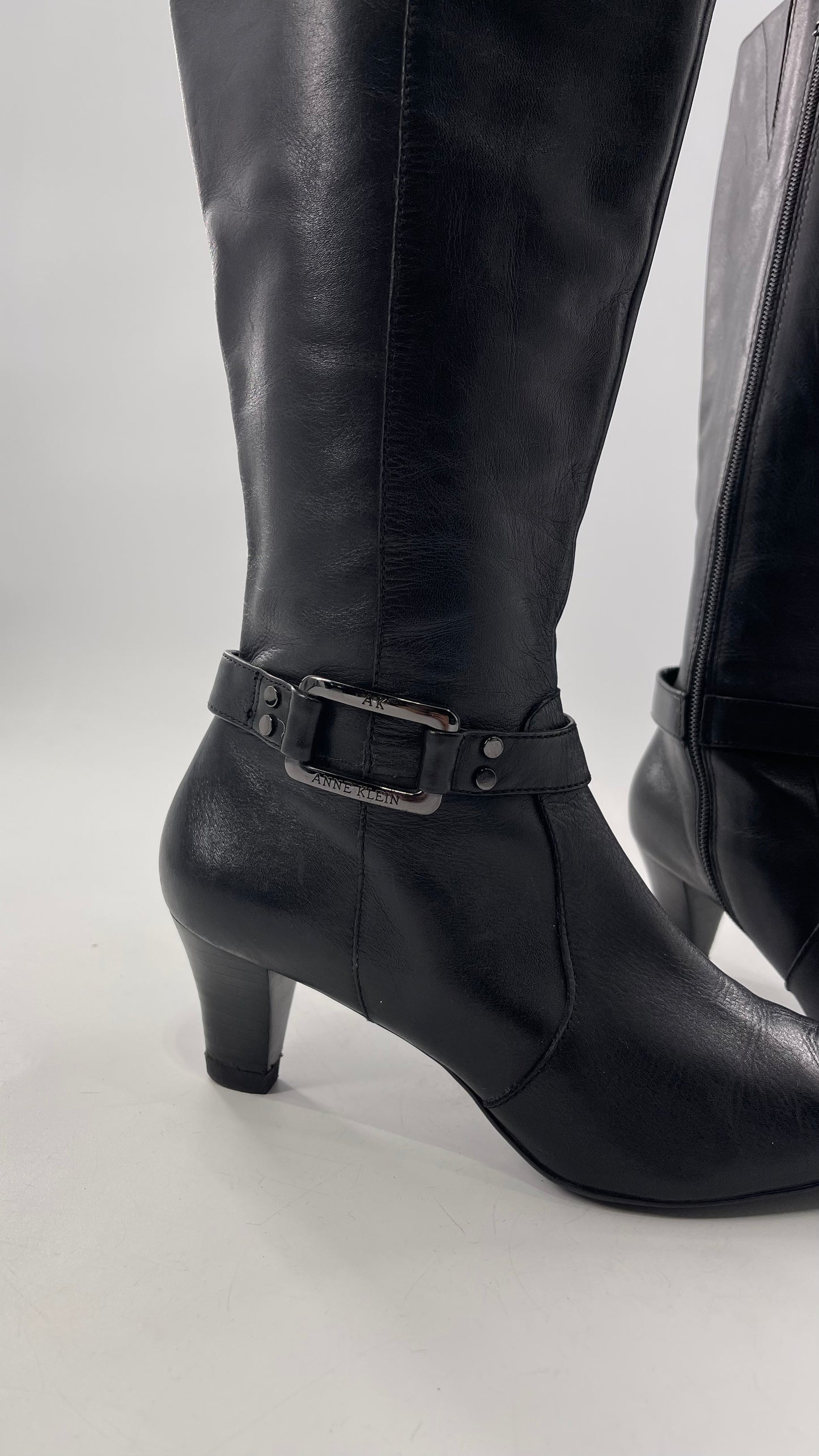 Vintage Black Anne Klein Leather Knee High Boots with Pointed Toe and Ankle Metal Buckle Detail (8)