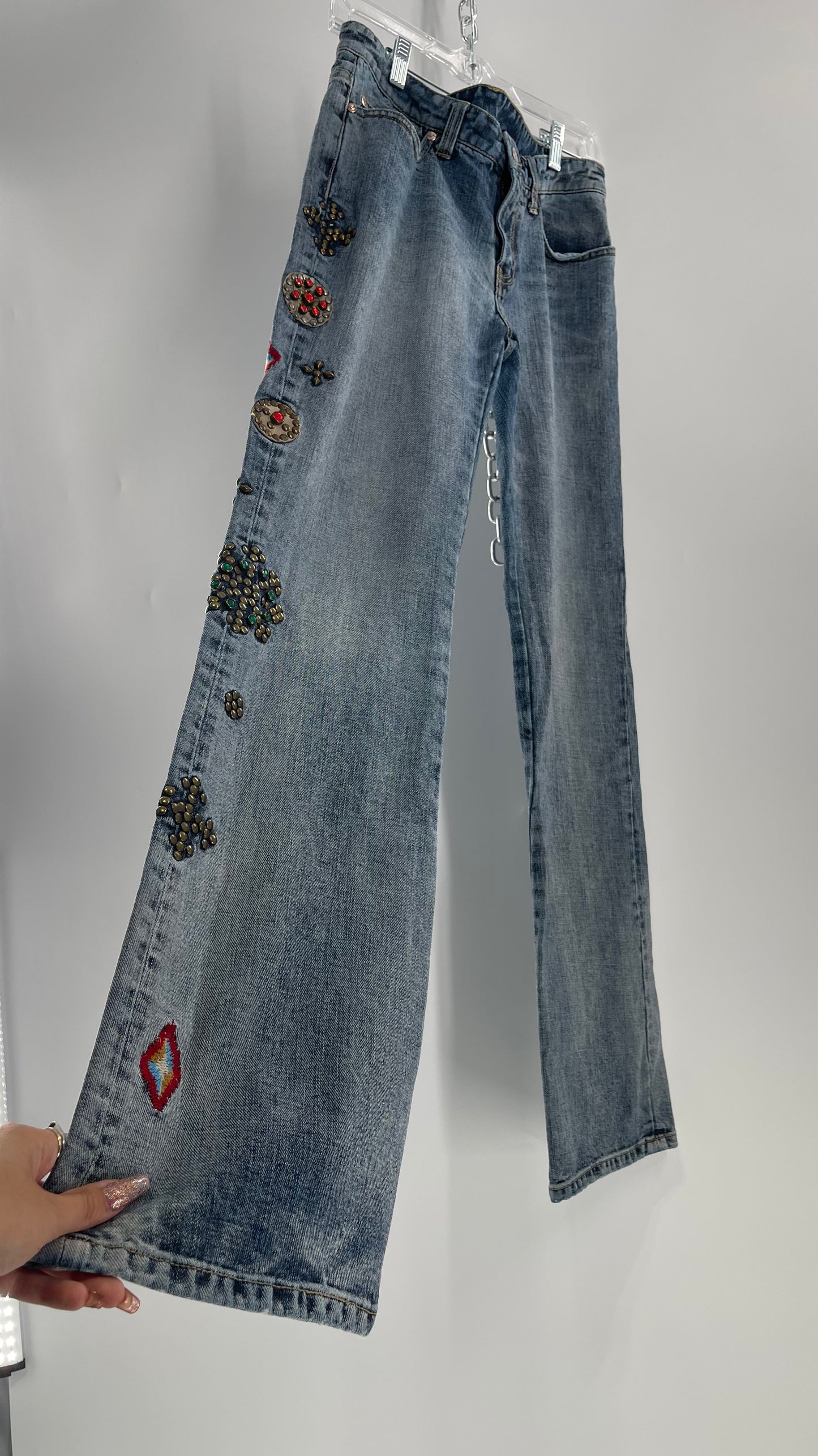Western Denim Bank Light Wash Straight Legs with Gold/Bronze Metal Studs and Jewels (29)