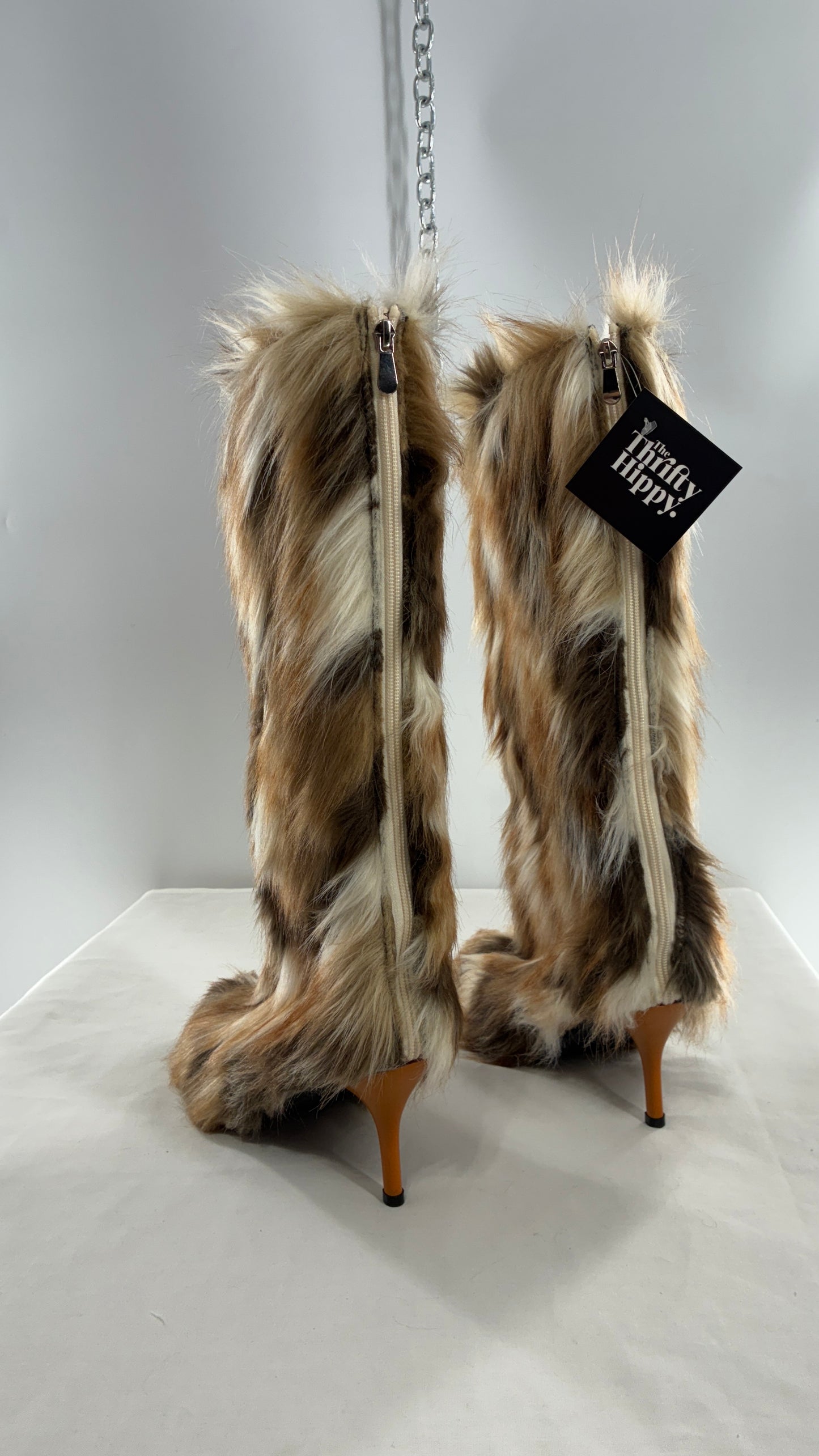 Vintage Mixed Tone Vegan Fur, Knee High, Pointed Toe Boots (43)