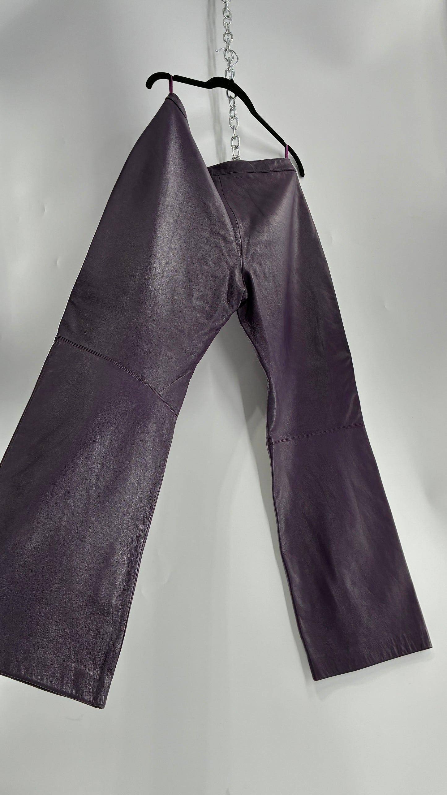 Vintage SHIN CHOI Genuine Italian Leather Purple Side Closure Low Rise Pants (12)