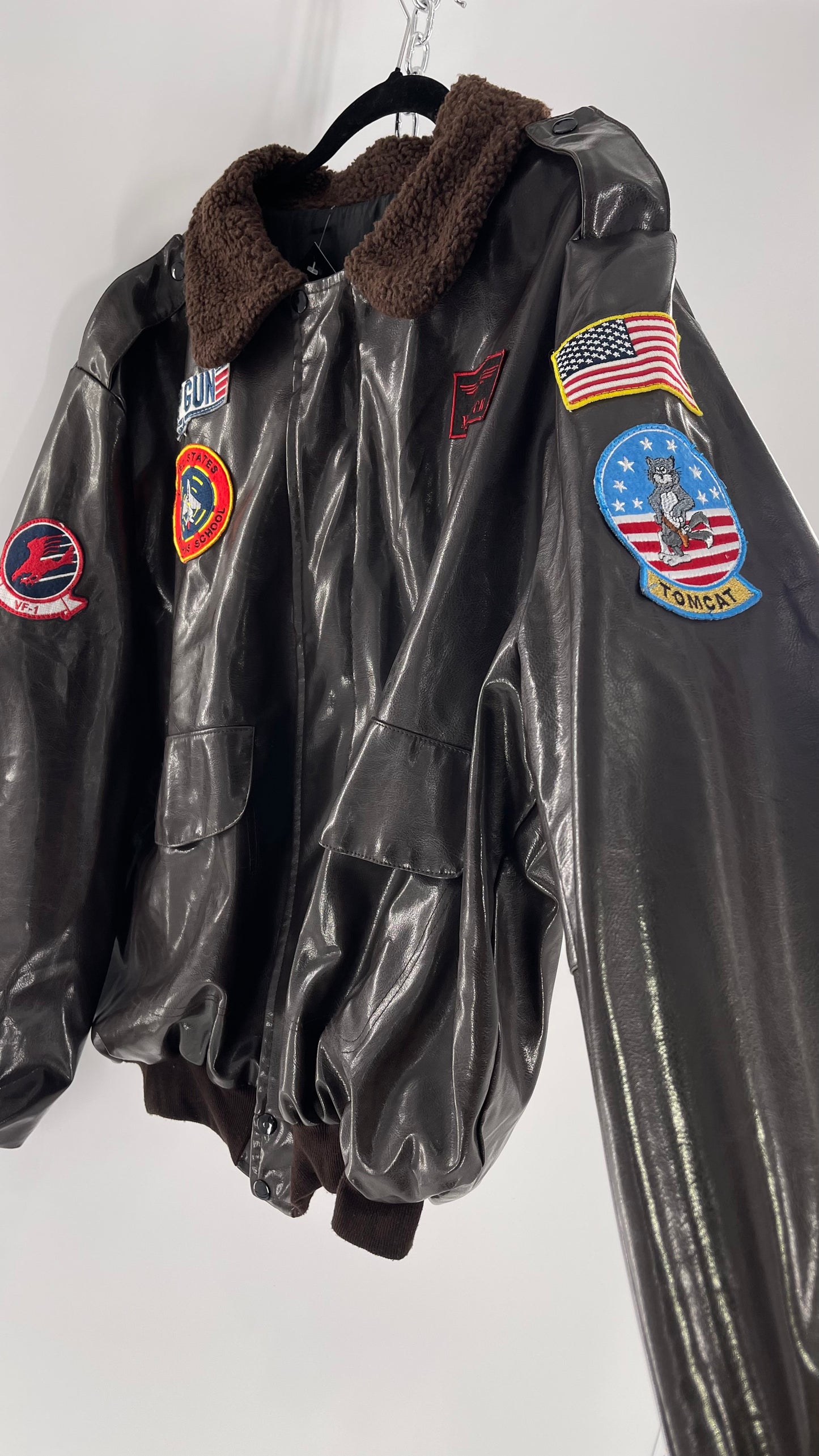 Vintage Dark Brown Top Gun Bomber Jacket with Patches and Teddy Sherpa Collar (Large)