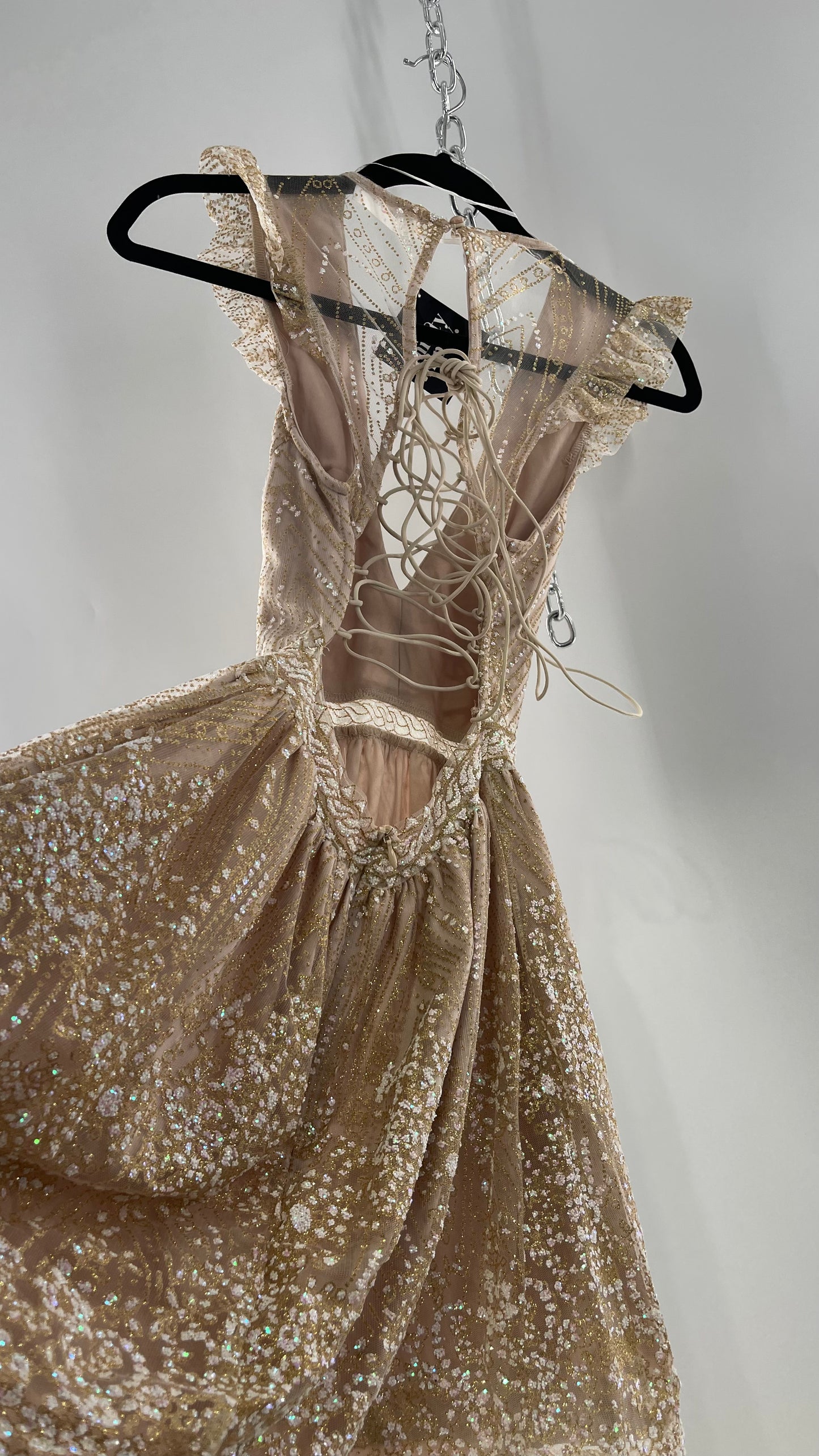 Hello Molly Fairy Sleeveless Chunky Iridescent Glitter Gold Mini Dress with Tie Up Back and Ruffle Sleeve (S)