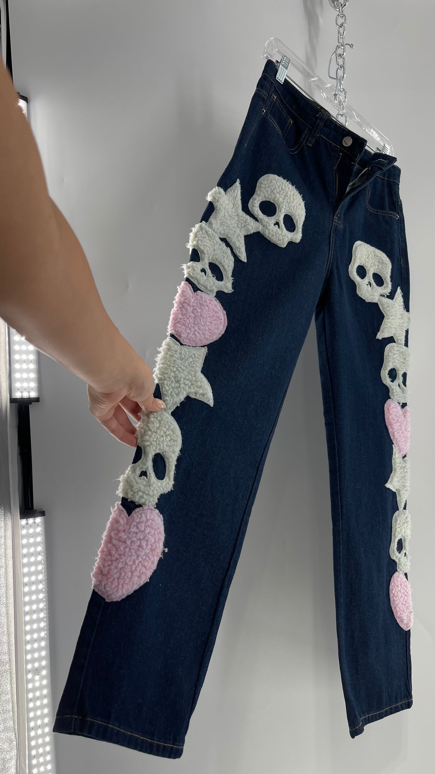 MadeExtreme Dark Wash Denim with Skull/Heart Patches and Bum Embroidery (Medium 8)
