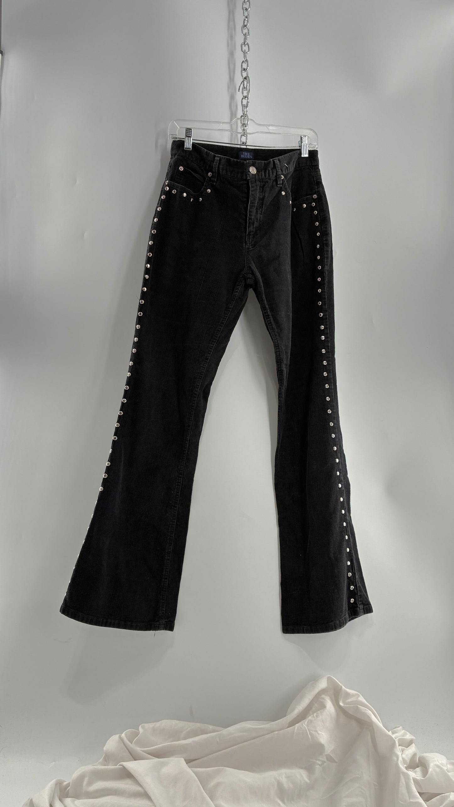 Vintage THE BLUES Grey Corduroy Side Studded Kick Flares (8)