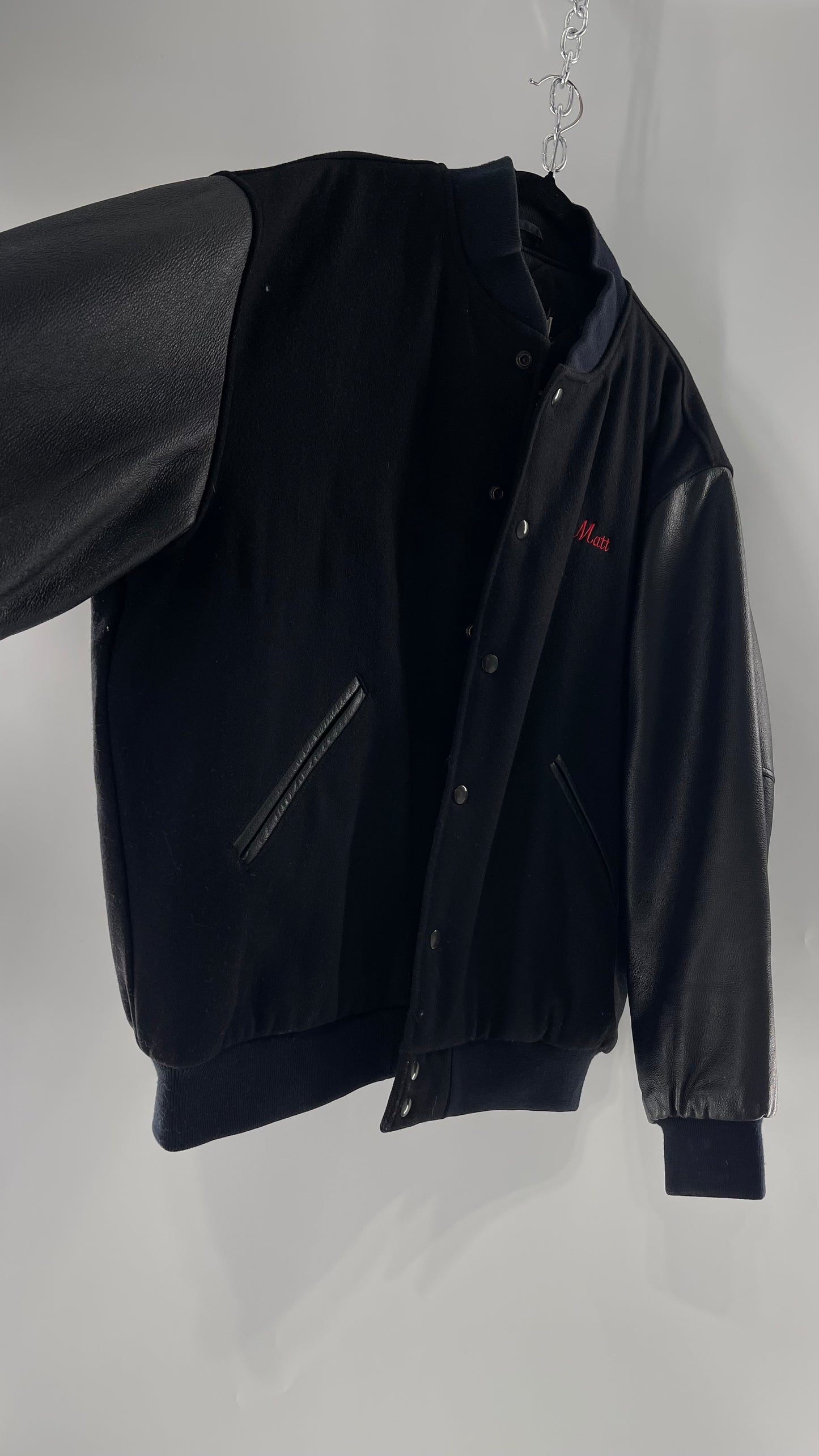 Vintage Somers Football Varsity Jacket with Leather Sleeves “Matt” Embroidery and Red Lettering (XL)