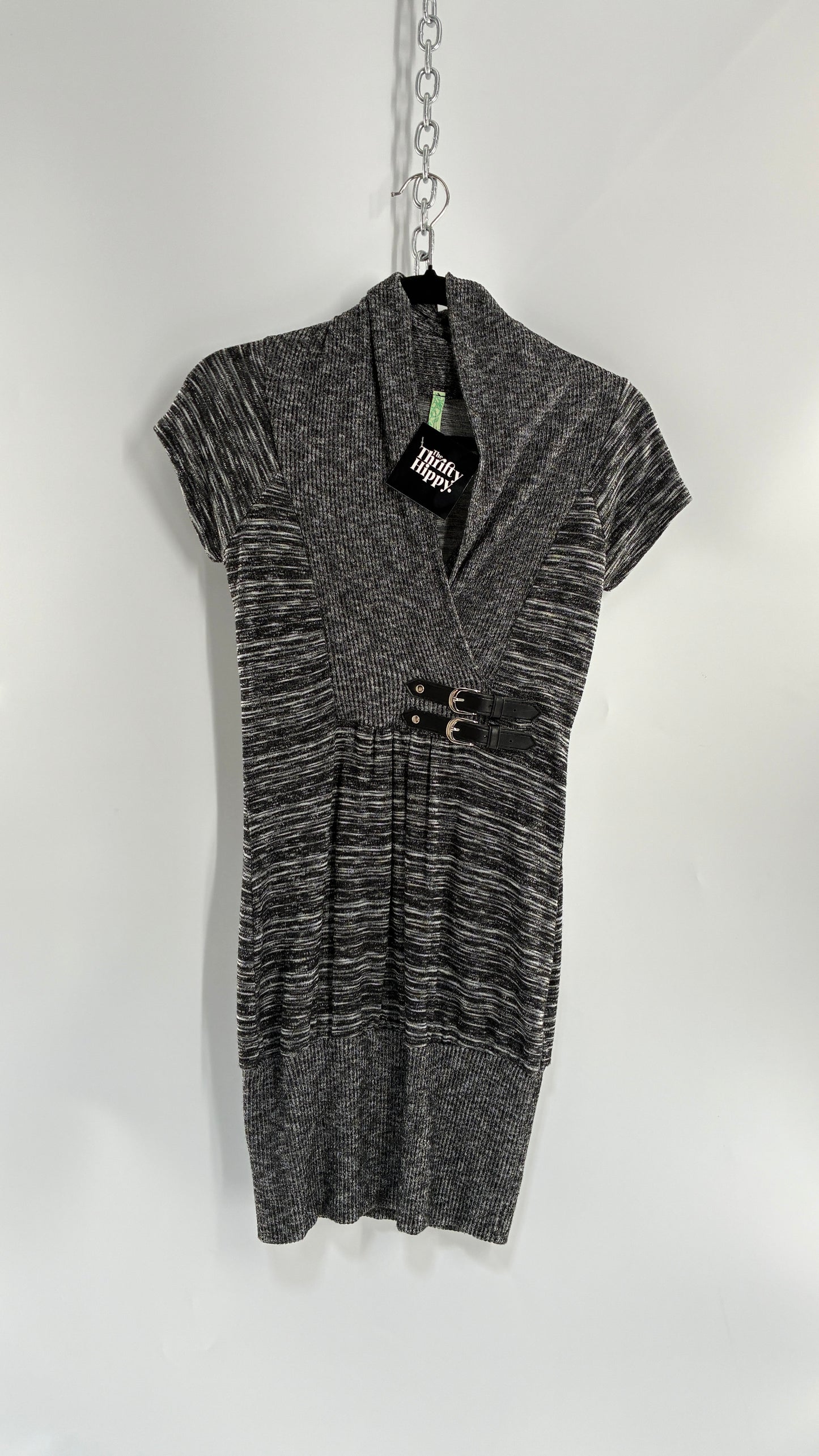 Vintage BELLA Knit Grey and Black Knit Bubble Hem Mini Dress with Under Bust Buckles (Small)