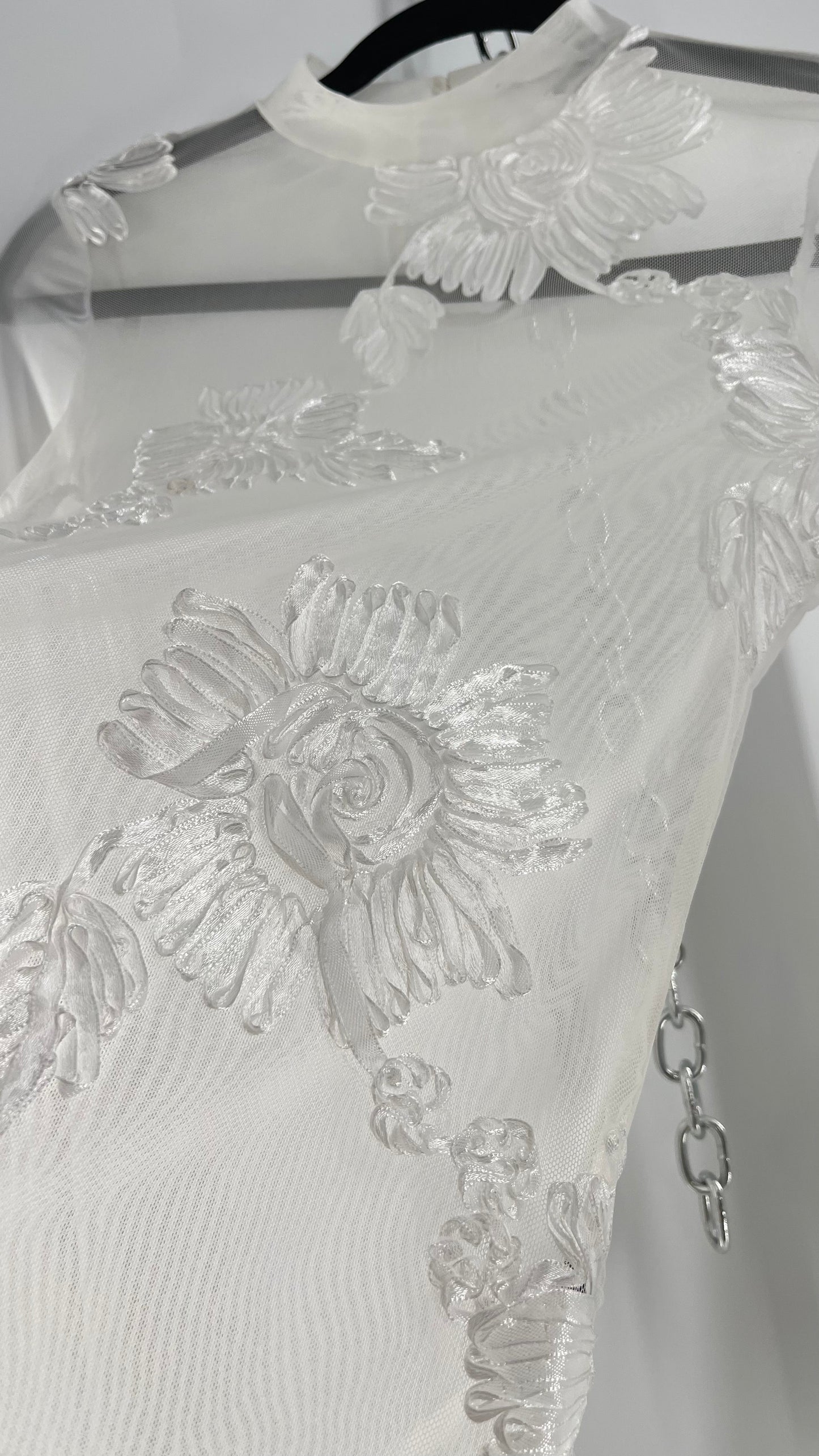 Haute Monde White Mesh Bodysuit with Ribbon Embroidery, Bell Sleeves and Tags (Small)
