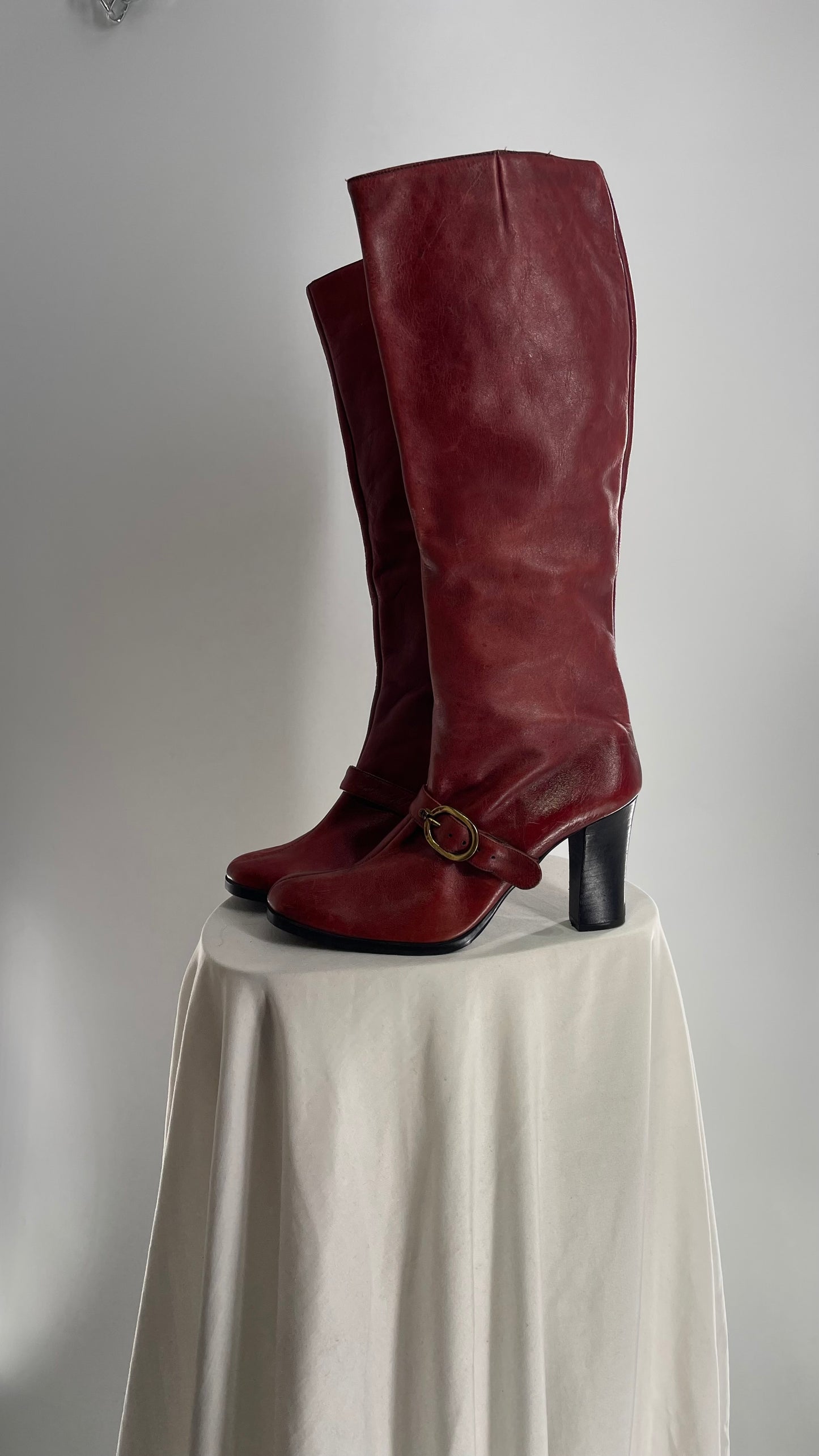 Vintage Etienne Aigner Red Italian Leather Boots with Buckle Strap (8.5)