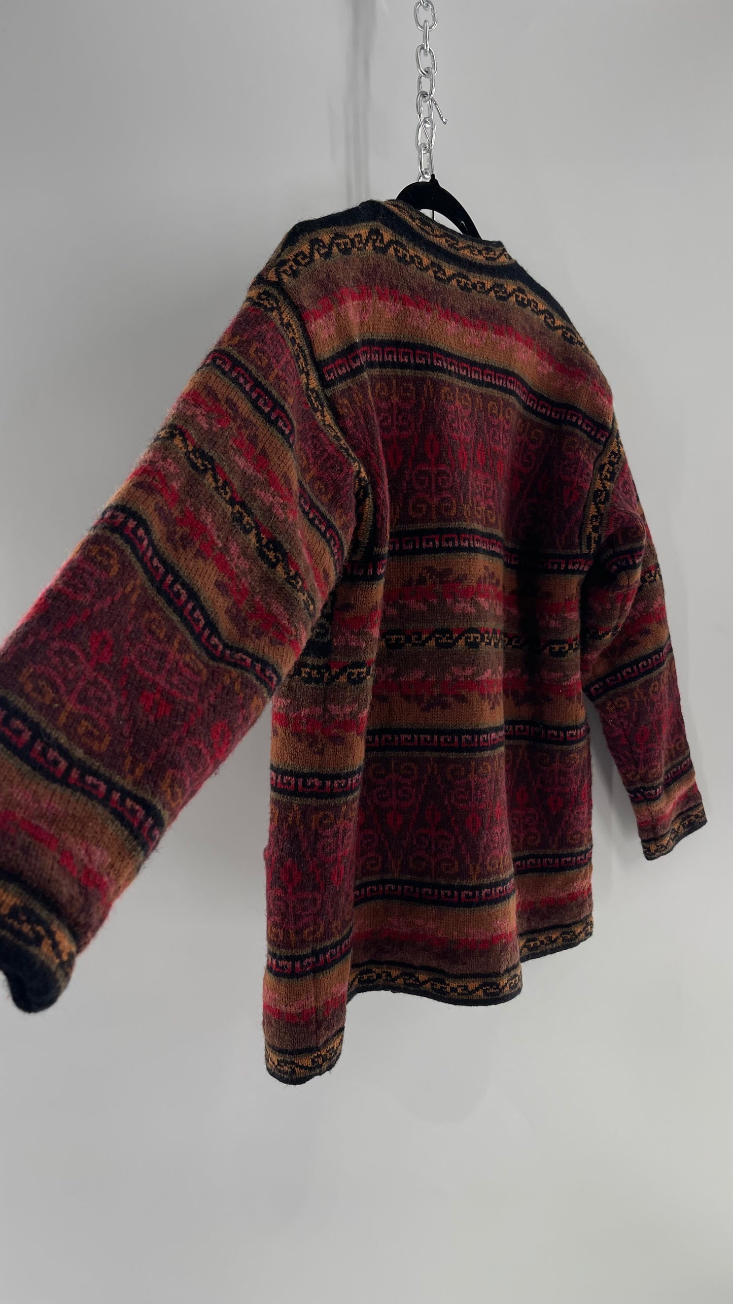 Vintage Iceland Design Wool Jacket with Brass Embossed Buttons and Folk Floral Patterning(C)(Medium)