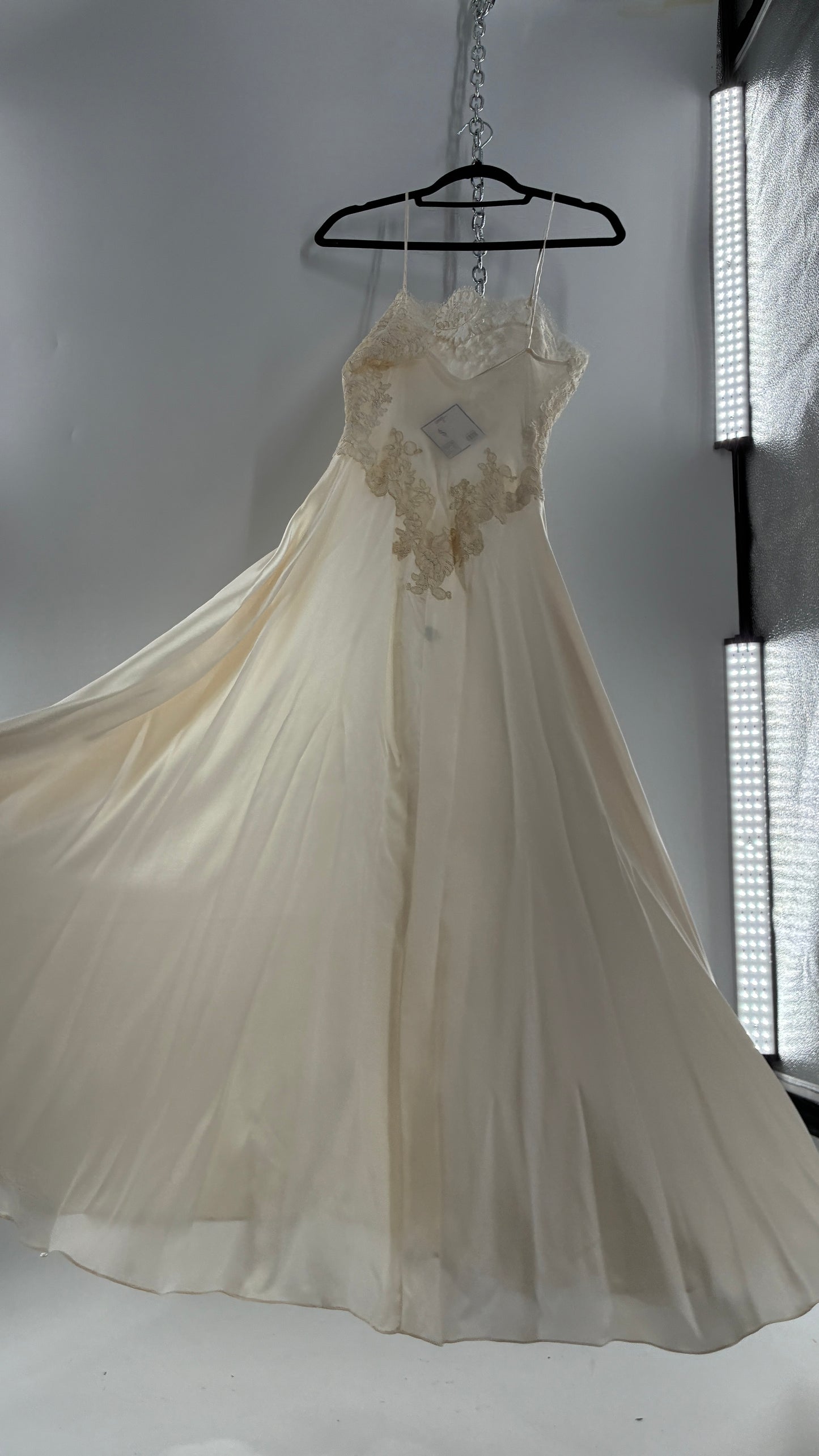Vintage JONQUIL 100% Silk Gown with Heavy Lace Appliqués and Low Cut Sheer Back (Medium)