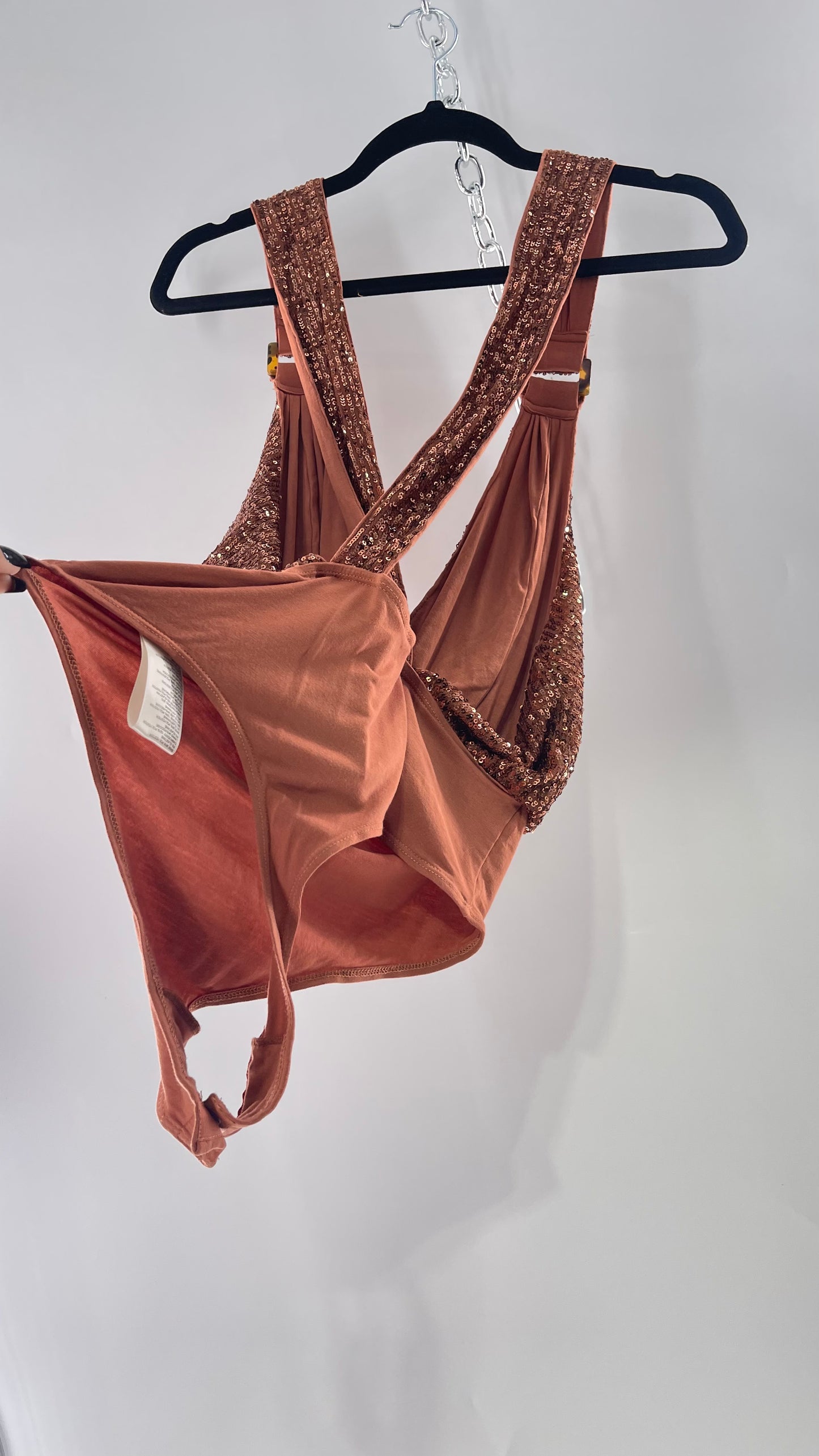 Free People Copper Sequin Draping Bodysuit with Tortoise Shell Buckle Detail (Medium)