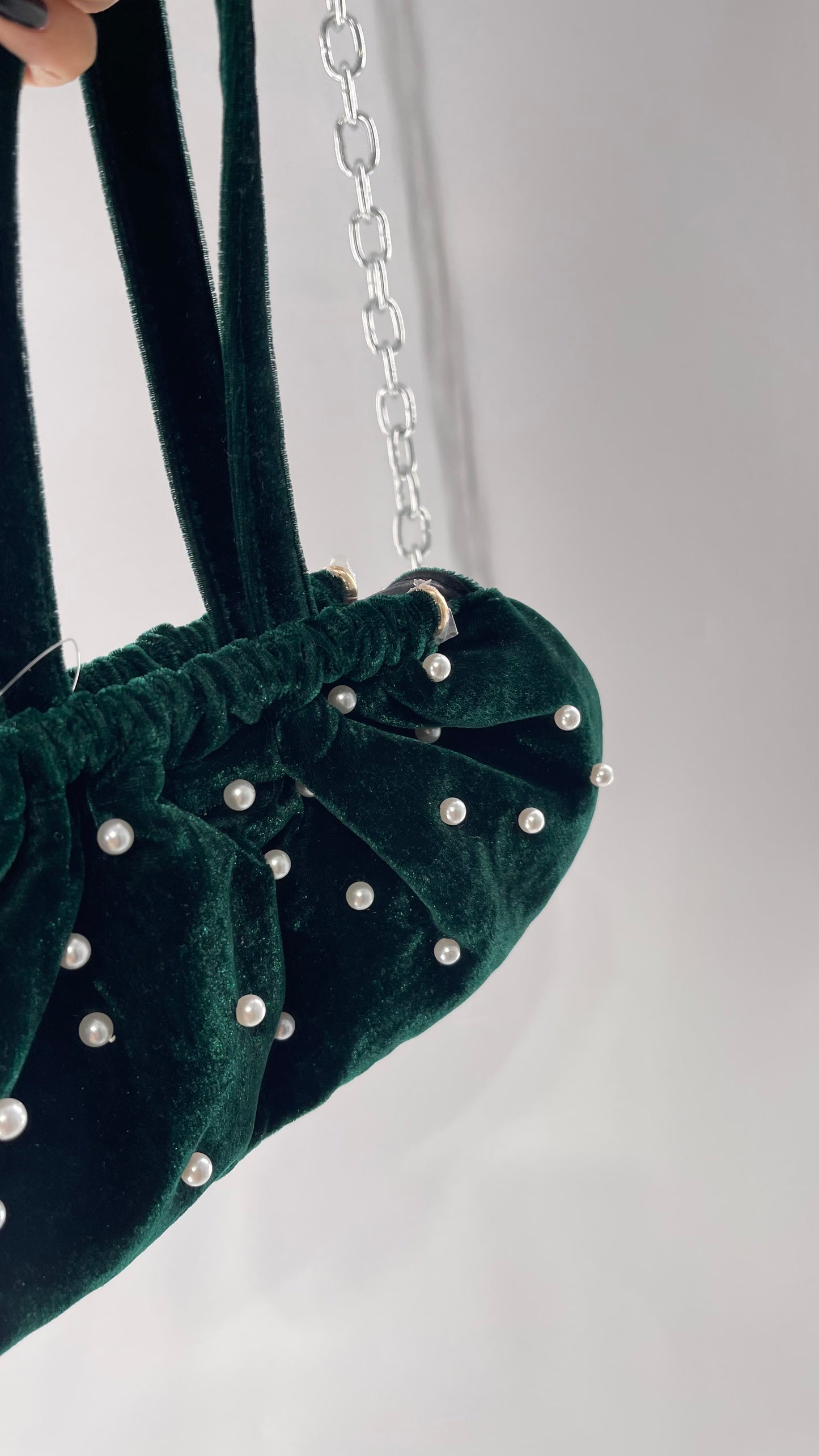 Vintage Deep Green Velvet Purse Covered in Pearls, and Featuring Gold Metal Closure Still Lined in Protective Plastic