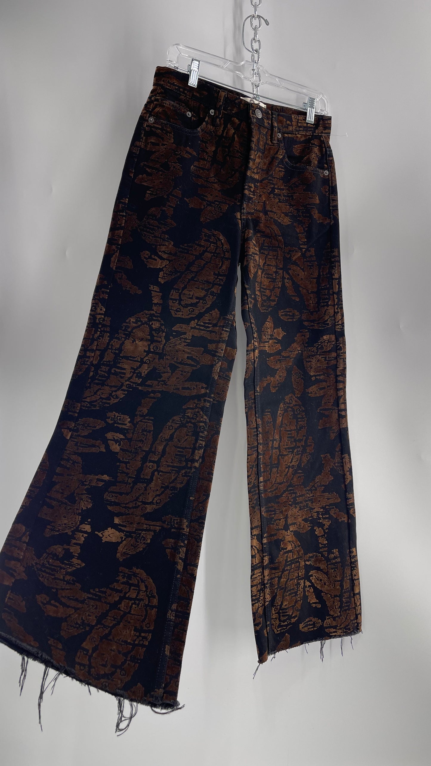 Free People Black/Brown Velvet Texture Graphic Straight Legs with Raw Edge Hem and Tags Attached (28)