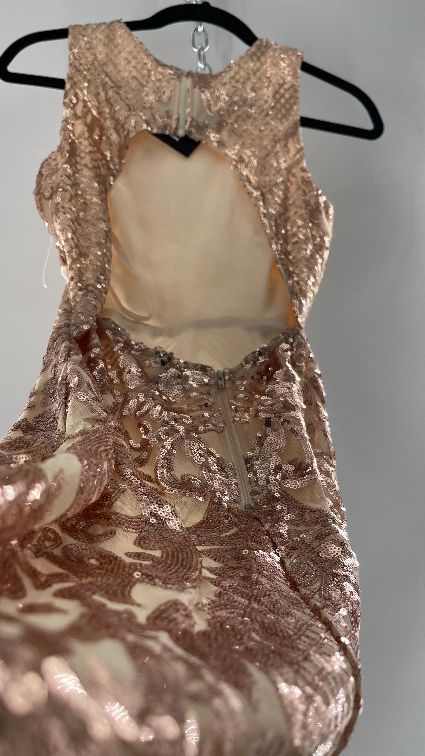 Windsor Rose Gold Sequin Maxi Dress with Side Slit Detail and Open Back (Small)