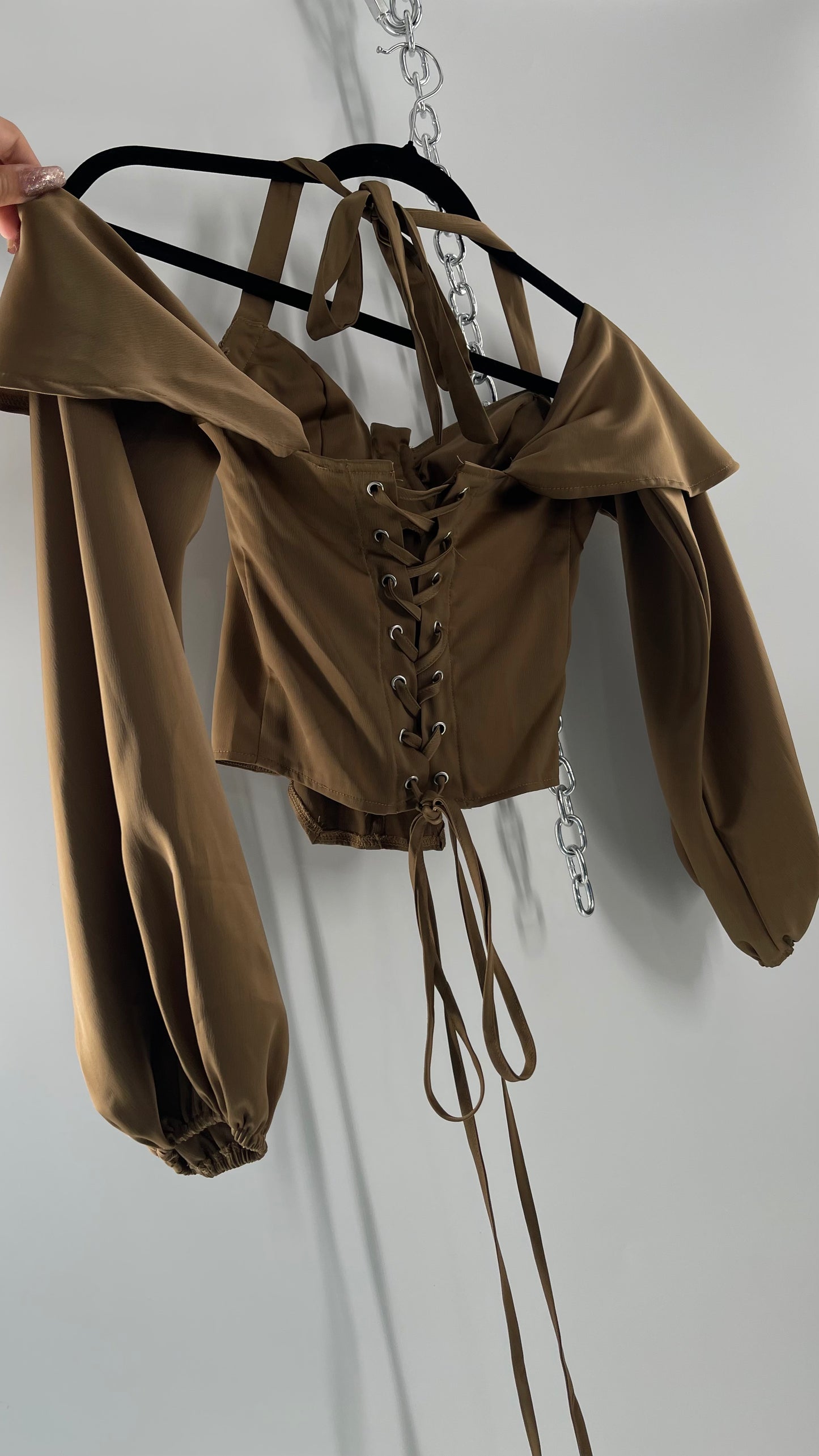 Pretty Little Thing Tan/Gold Corset Blouse with Draped Shoulders, Balloon Sleeves, Halter Strap and Lace Up Back (4)