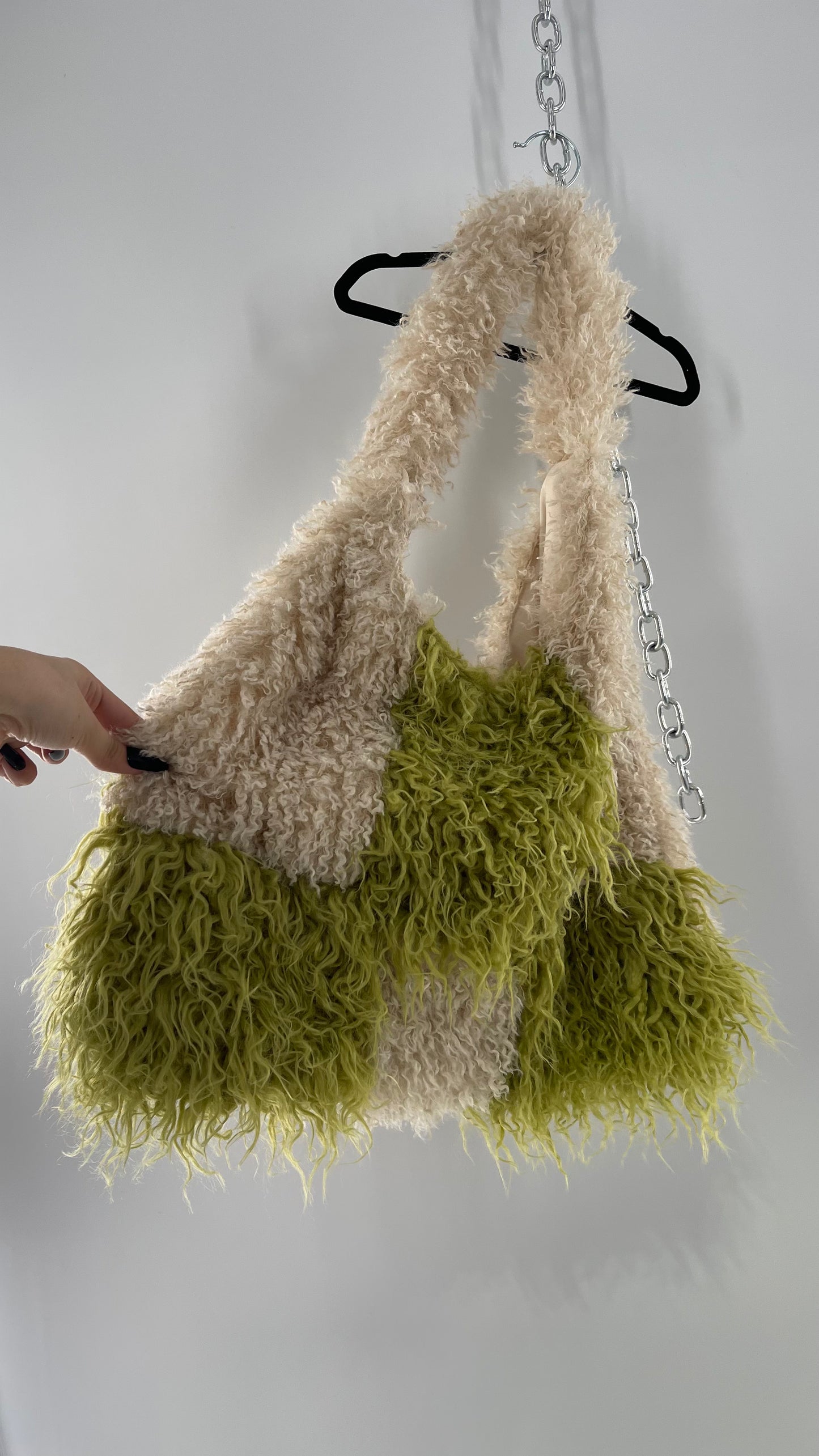 Free People Shaggy Green Beige Checkered Tote