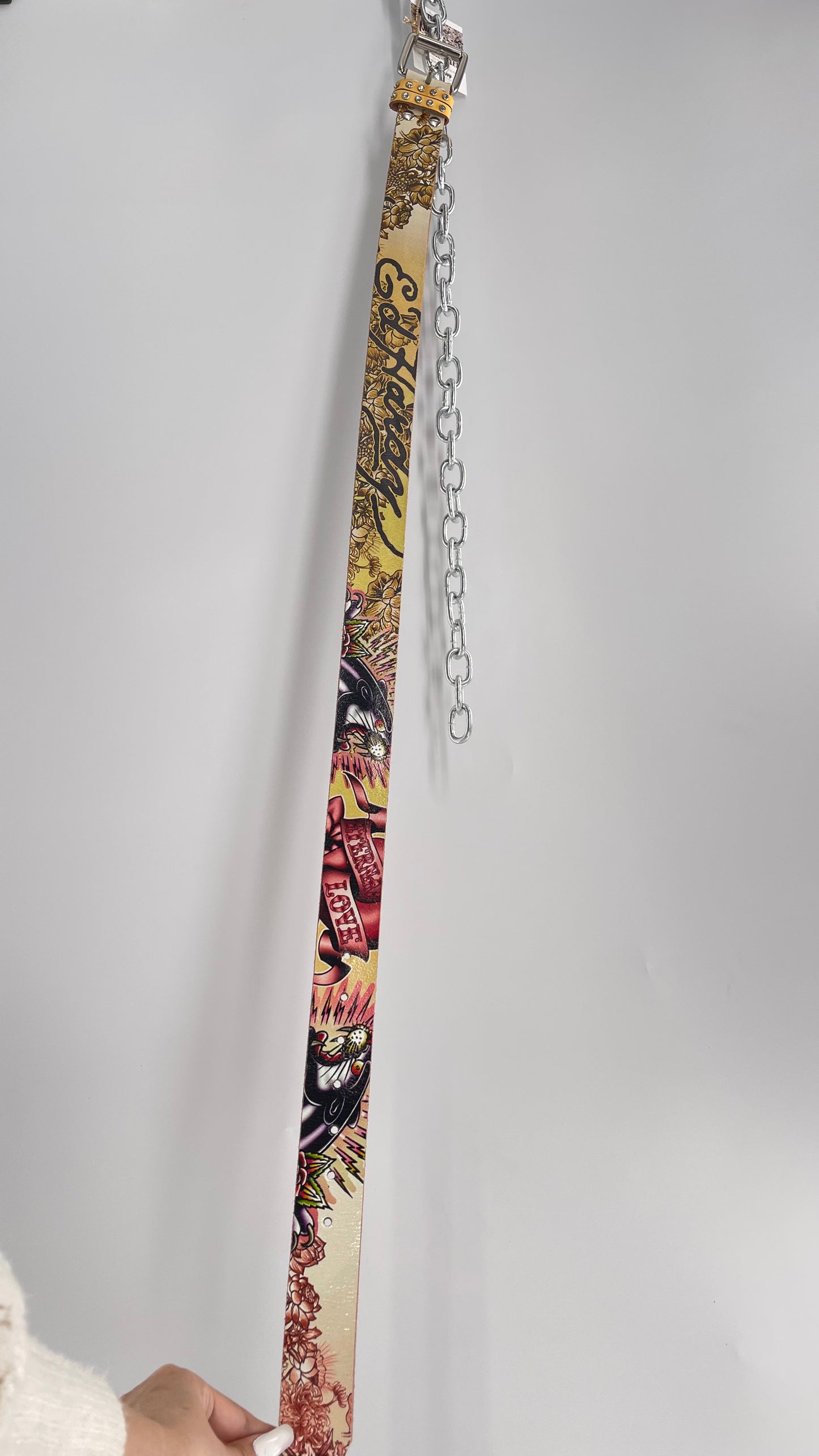 Ed Hardy Genuine Leather Belt with Rhinestones and Jaguars (M)