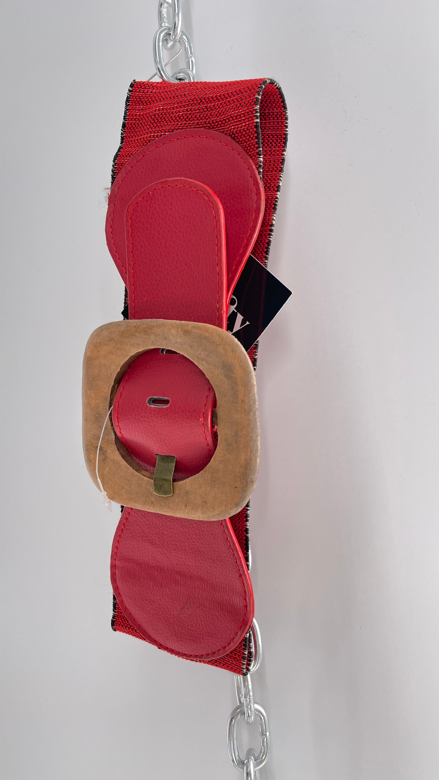 Vintage Red Leather Scrunch/Elastic Wooden Buckle Belt (XS/S)