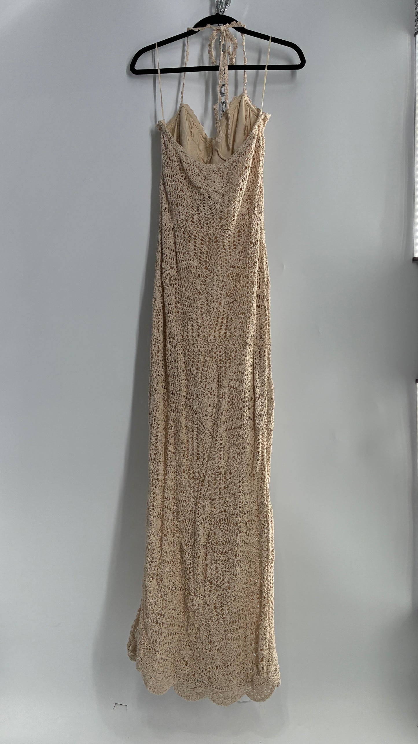 Free People Beige Crochet Knit Máxi Dress (Large)