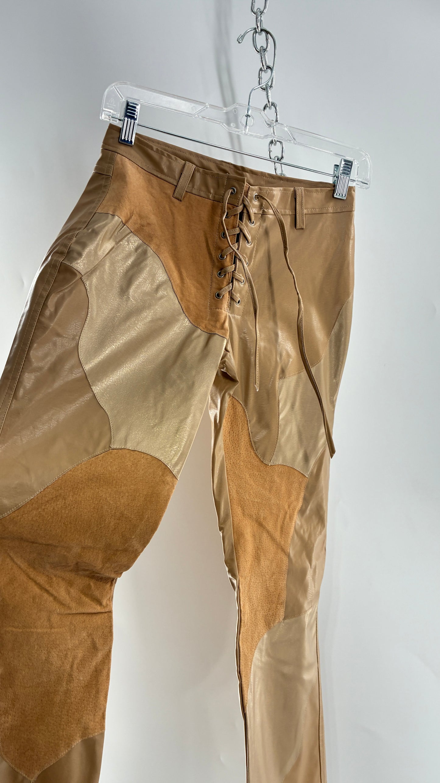 Vintage OUTER EDGE Patchwork Vegan Leather Kickflares with Tie Up Waistline (3)