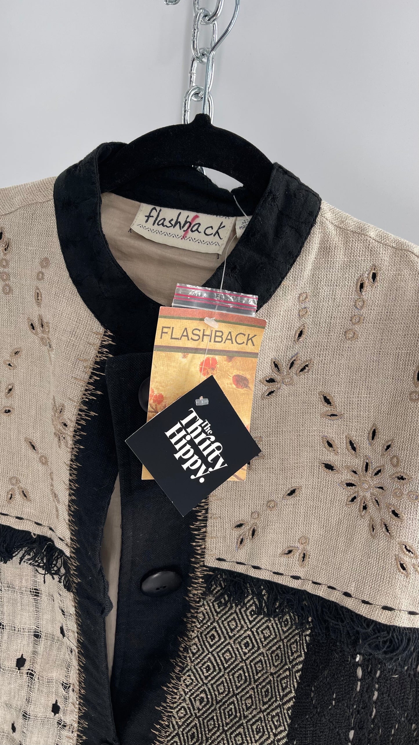 Deadstock Vintage Flashback Patchwork Coat with Mixed Neutral Fabrics, Embroidery and Fringe Details (Large)