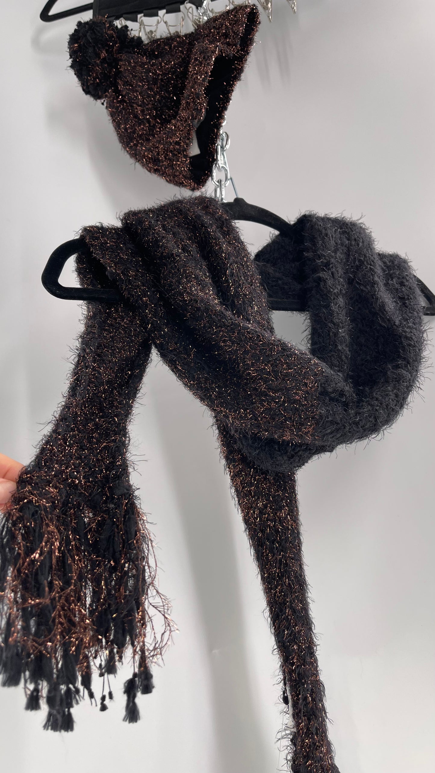 Anthropologie Bronze Tinsel Black Knit Beanie and Skinny Pom Scarf 2pc Set with Tags Attached