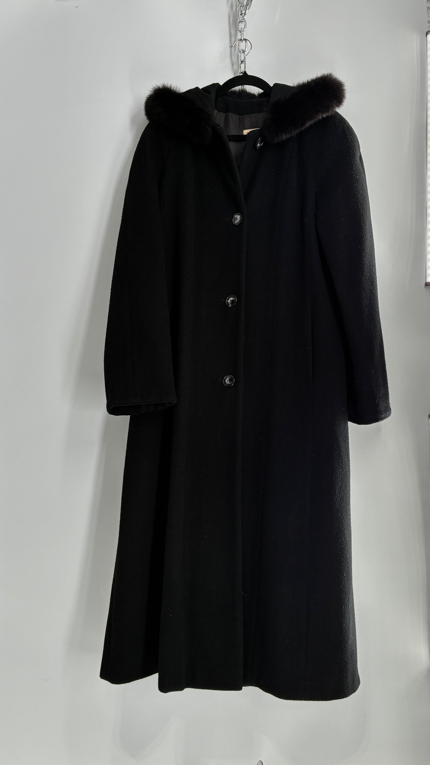 Vintage ANDREA COLLECTION Black Wool Blend Full Length Coat with Fur Trim Hood (12)